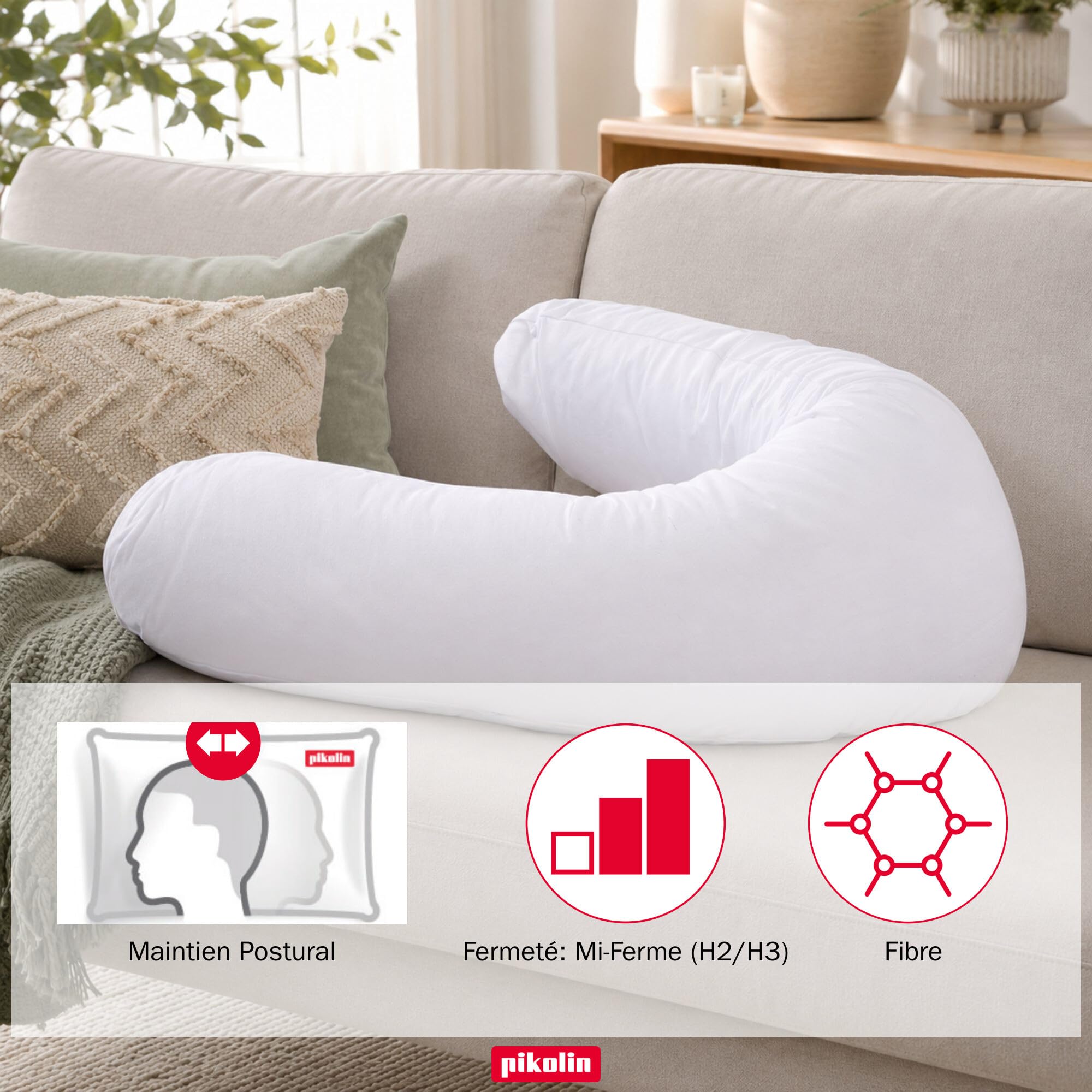 PIKOLIN Oreiller de Grossesse et Allaitement en Forme de C - Certifié Oeko-Tex - Taie en Coton Respirant et Lavable avec Traitement Anti-Acariens