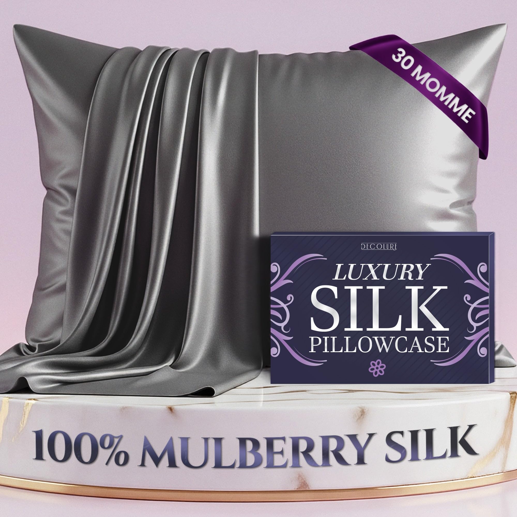 DECOLURE 100% Pure Mulberry Silk Pillow Case Standard Size – Highest Grade 30 Momme 6A+, Luxuriously Soft & Cooling Silk Pillowcase for Hair & Skin, Hypoallergenic, Breathable, Hidden Zipper (Grey)