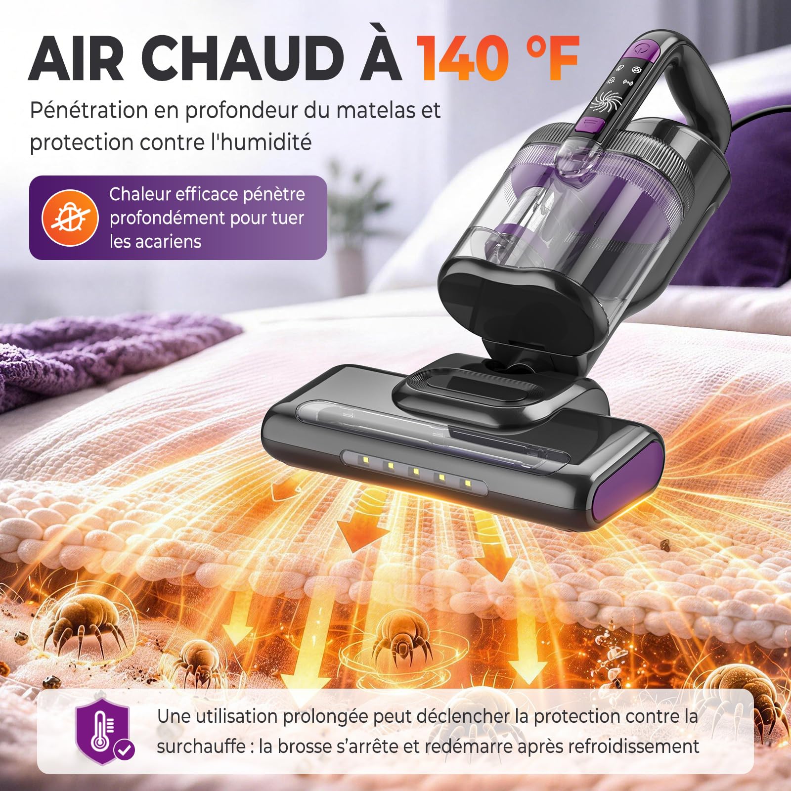 Battimaterasso, 16kPa Aspirapolvere a mano per Materassi con luce UV-C