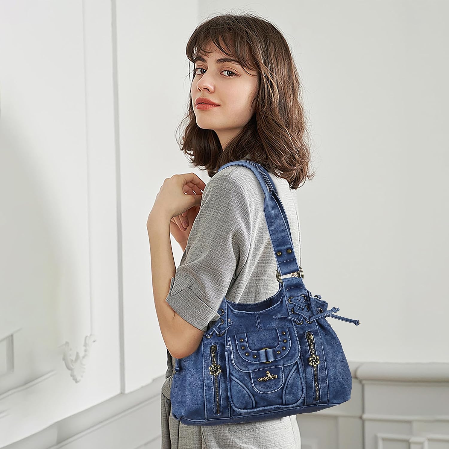 Angel Kiss Small hobo Bags for Women Retro Washed Leather Shoulder Handbag Roomy Top Handles Purses With Removable Strap image 3
