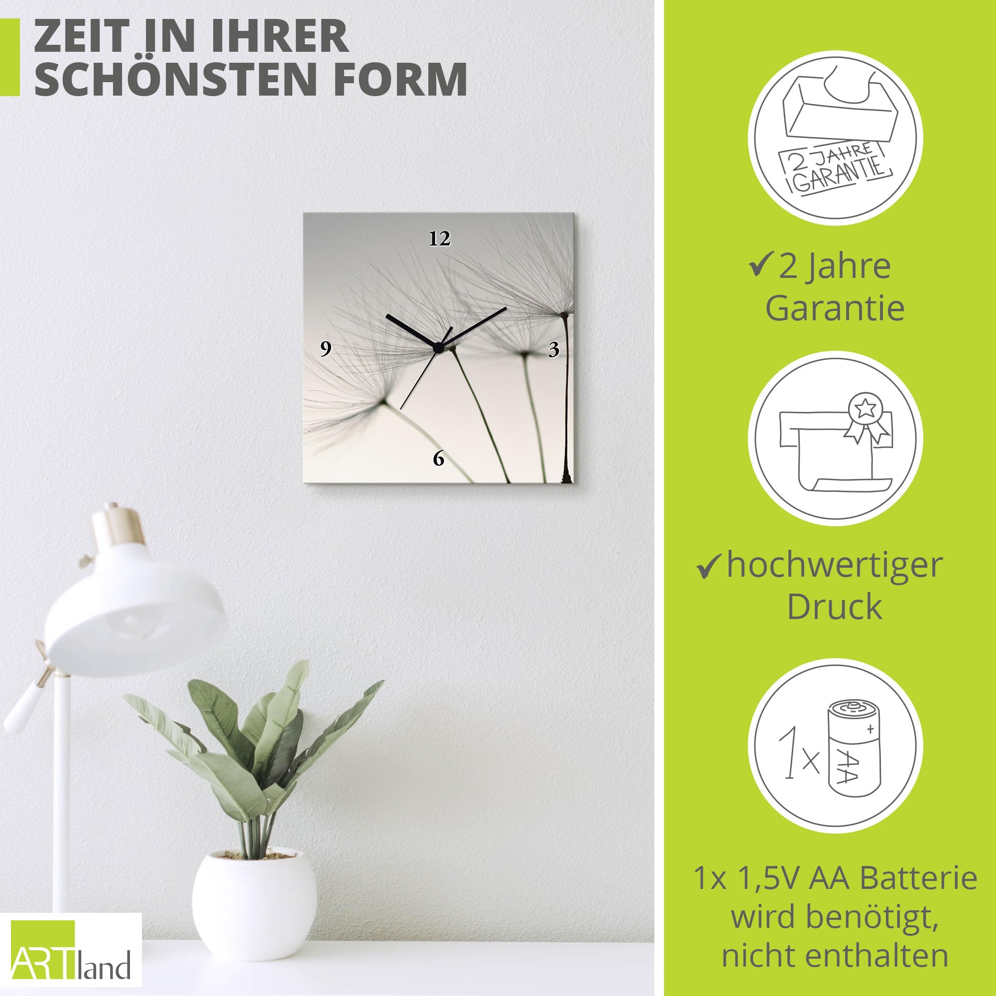ARTLAND Wanduhr ohne Tickgeräusche Alu Funkuhr 30x30 cm Quadratisch Lautlos Blumen Pusteblume Modern Nordisch Originell T5SQ