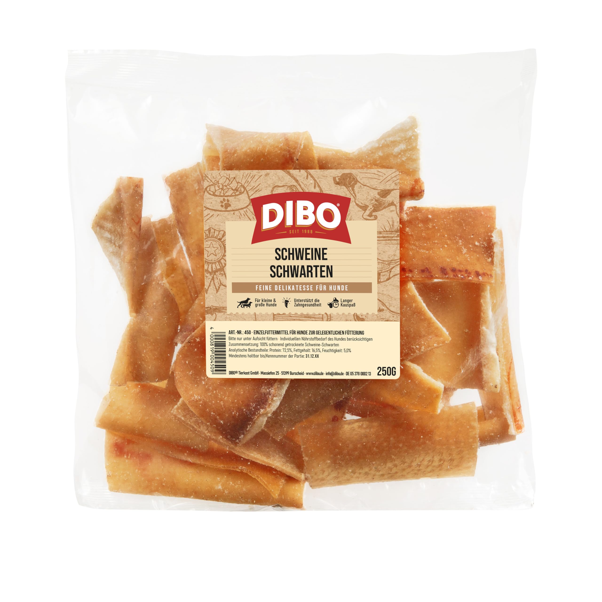 DIBO Varkensoren, zak van 500 g, kleine natuurlijke snack of traktatie voor tussenpersonen, hondenvoer, hoogwaardig kauwartikel zonder chemicaliën