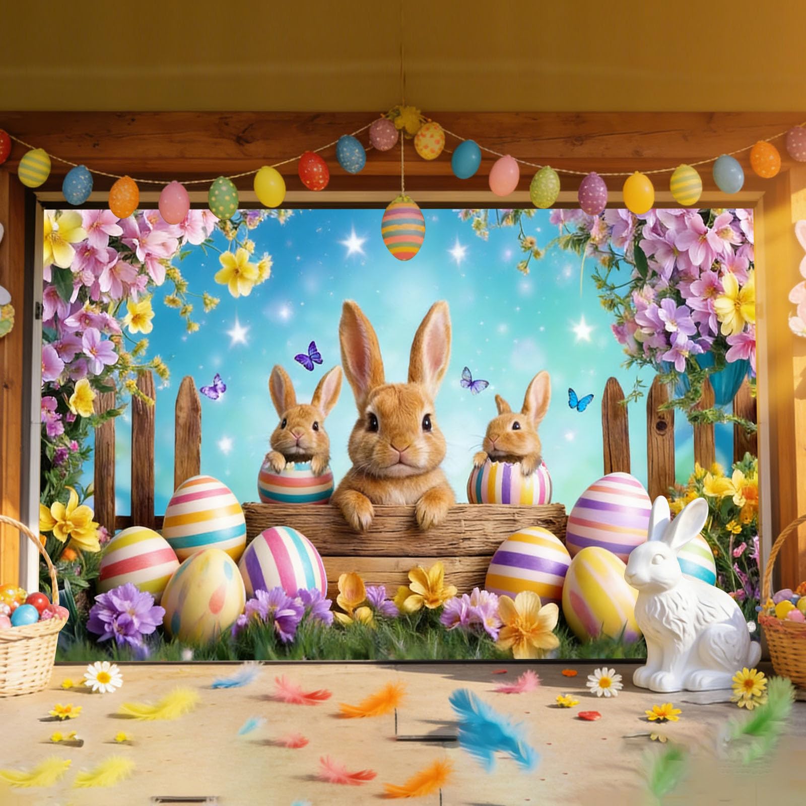 Easter Garage Door Decoration, Easter Garage Door Cover, Garage Door Banner Easter Decoration Colorful Rabbit Egg Scene Background for Party Holiday Spring