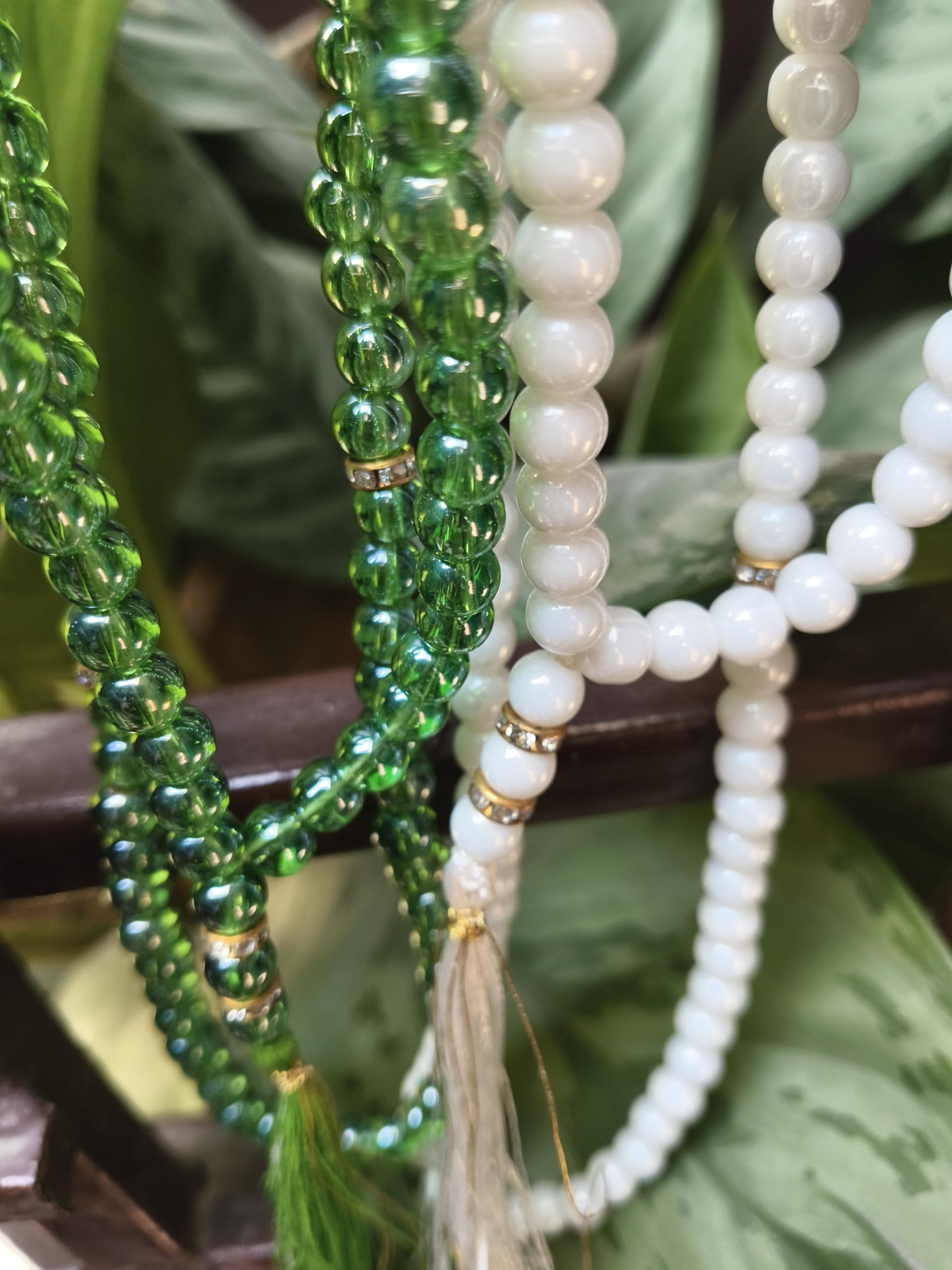 Pure Green & White Crystal Beautiful 100 Beads Tasbih, Islamic Salat/Beads Prayer Tasbeeh for Muslims Crafted for Daily Prayer Needs (Pack of 2) Color - Green & White-image-41