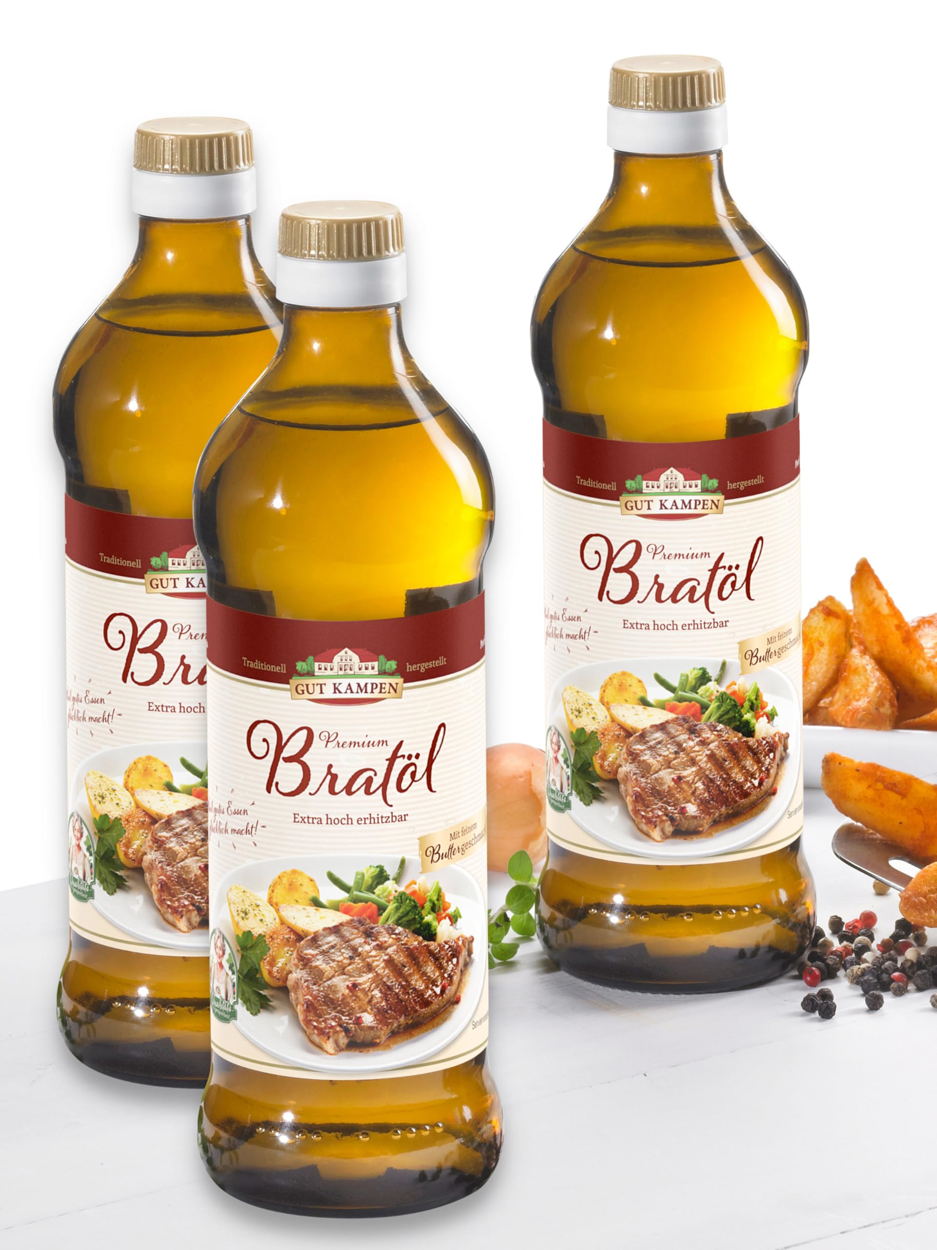 Gut Kampen Bratöl mit Buttergeschmack, 3 x 500 ml - Raffiniertes Rapsöl, hoch erhitzbar, mit natürlichem Butteraroma