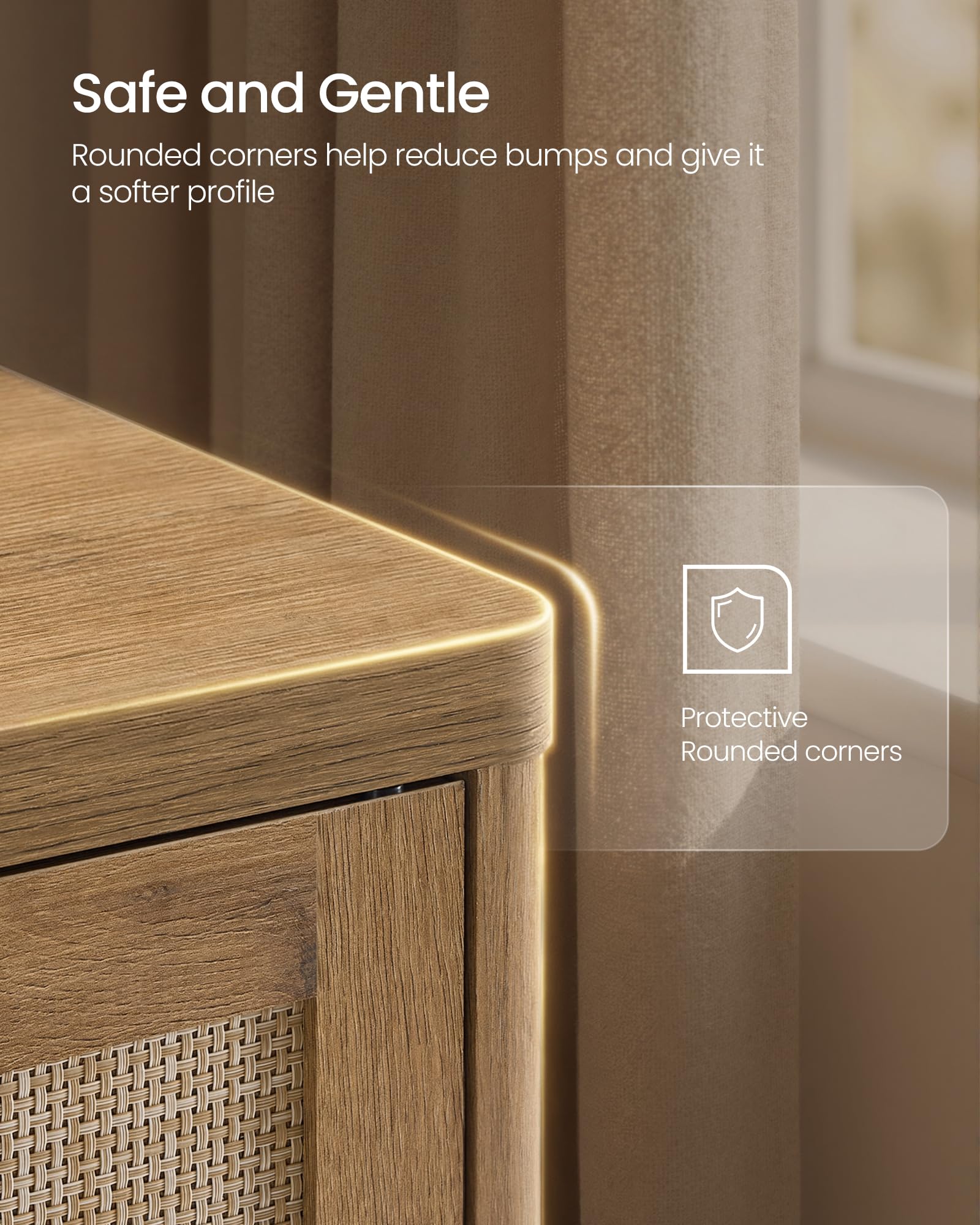 VASAGLE ELLAN Collection - Boho Shoe Bench with Cushion, Entryway Storage Bench with 2 Rattan-Look Cabinet Doors, Rounded Corners, Adjustable Shelf, for Bedroom Under Window, Natural Brown ULSB501KC01 - 5