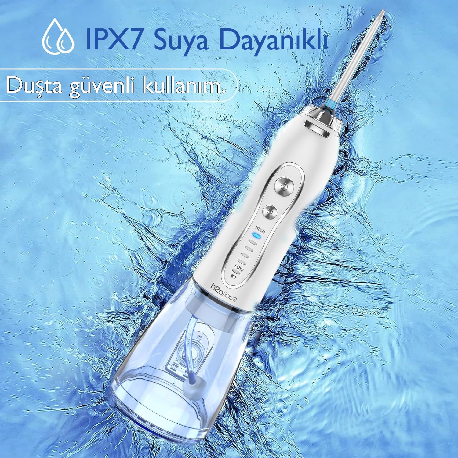 H2ofloss Şarjlı Kablosuz Ağız Duşu, Hızlı ve Etkili Diş Arası Temizliği – 300 ml Su Hazneli, 5 Modlu, 6 Başlıklı, IPX7 Su Geçirmez, Diş Taşı Temizliği (Beyaz)