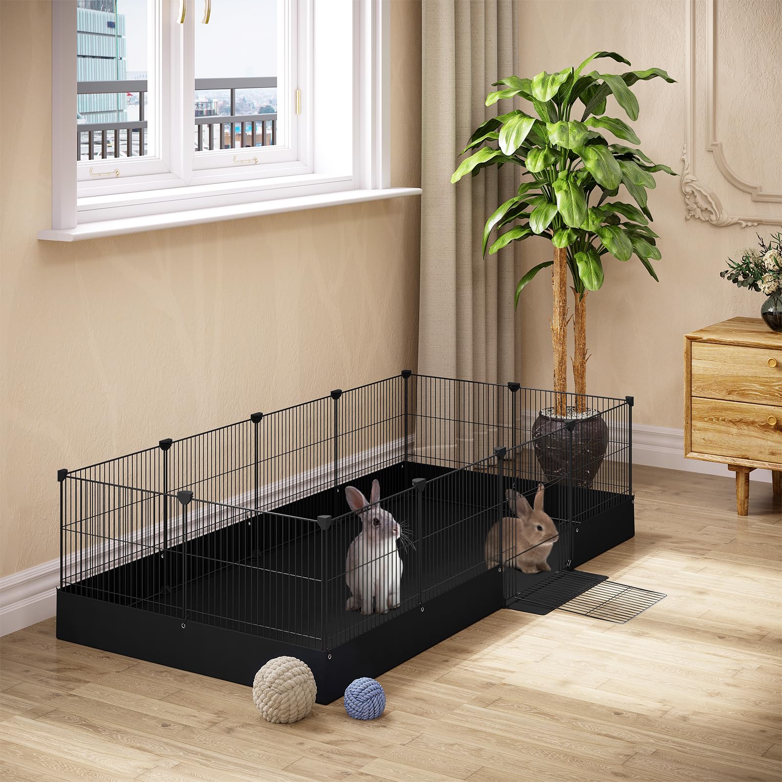 EUGAD Enclos pour Lapin Intérieur, Parc pour Petits Animaux avec Tapis de Fond et Porte, Modulable Enclos Lapin, Cage en Métal Grillagé pour Cochon d'Inde pour Cavia, Hamsters Noir 140x71x37cm