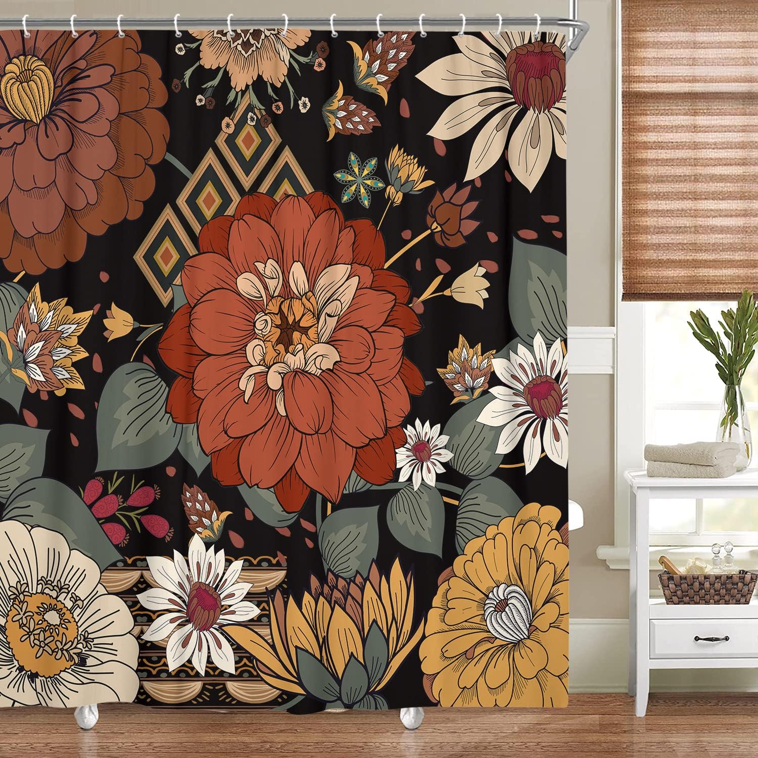 Boho Floral Shower Curtain, Bohemian Tropical Flower Leaves Botanical Shower Curtain