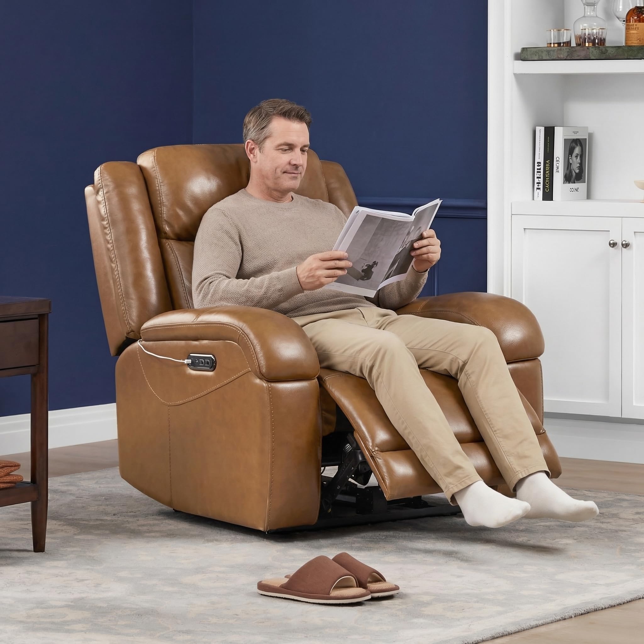 Watson & Whitely Sillas reclinables eléctricas de piel auténtica para adultos, reclinables de pared con reposacabezas eléctrico y puertos de carga, sofá reclinable eléctrico para sala de estar, sillín