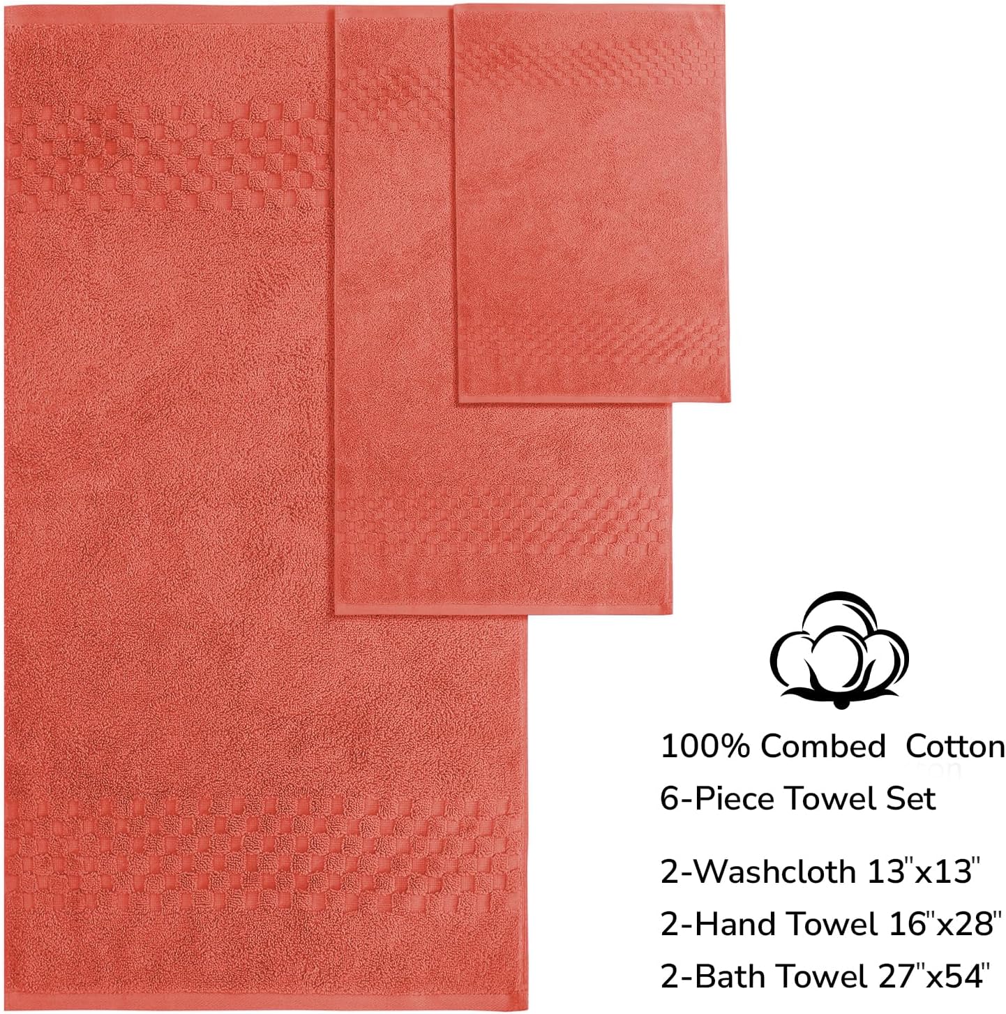 Feather & Stitch 100% Cotton 625 GSM Bath Towel Set of 6, Ultra Soft Highly Absorbent 2 Bath Towels, 2 Hand Towels & 2 Washcloth - Luxury Quick Dry Shower Towels (Coral)