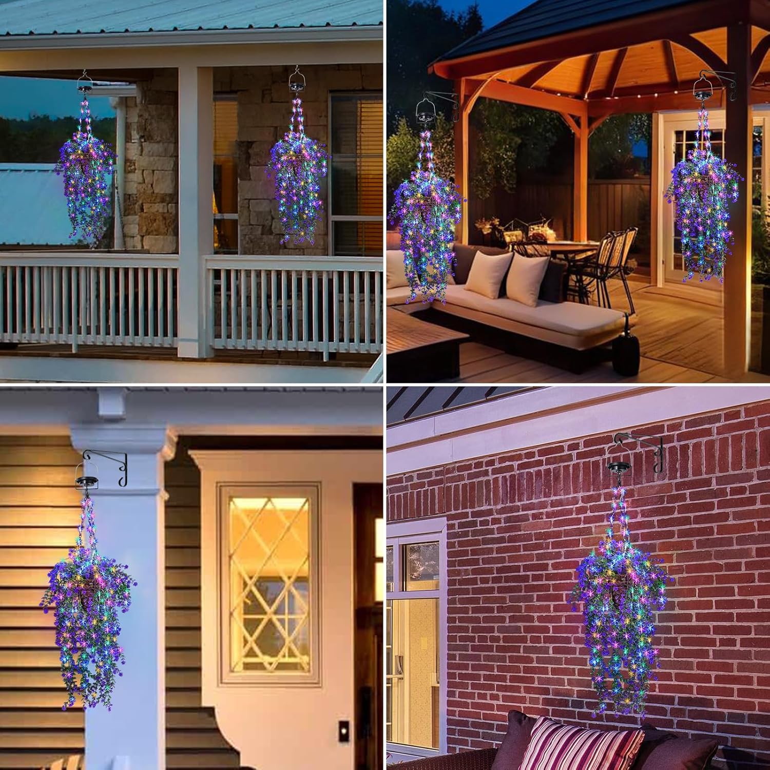 Lighted Artificial Flowers Basket for Hanging: Handmade Rattan Hanging Basket with Light up Fake Flowers for Porch Garden - 2 Pack Cone Fowers Basket with Solar Lights for Wedding Party Home Decor