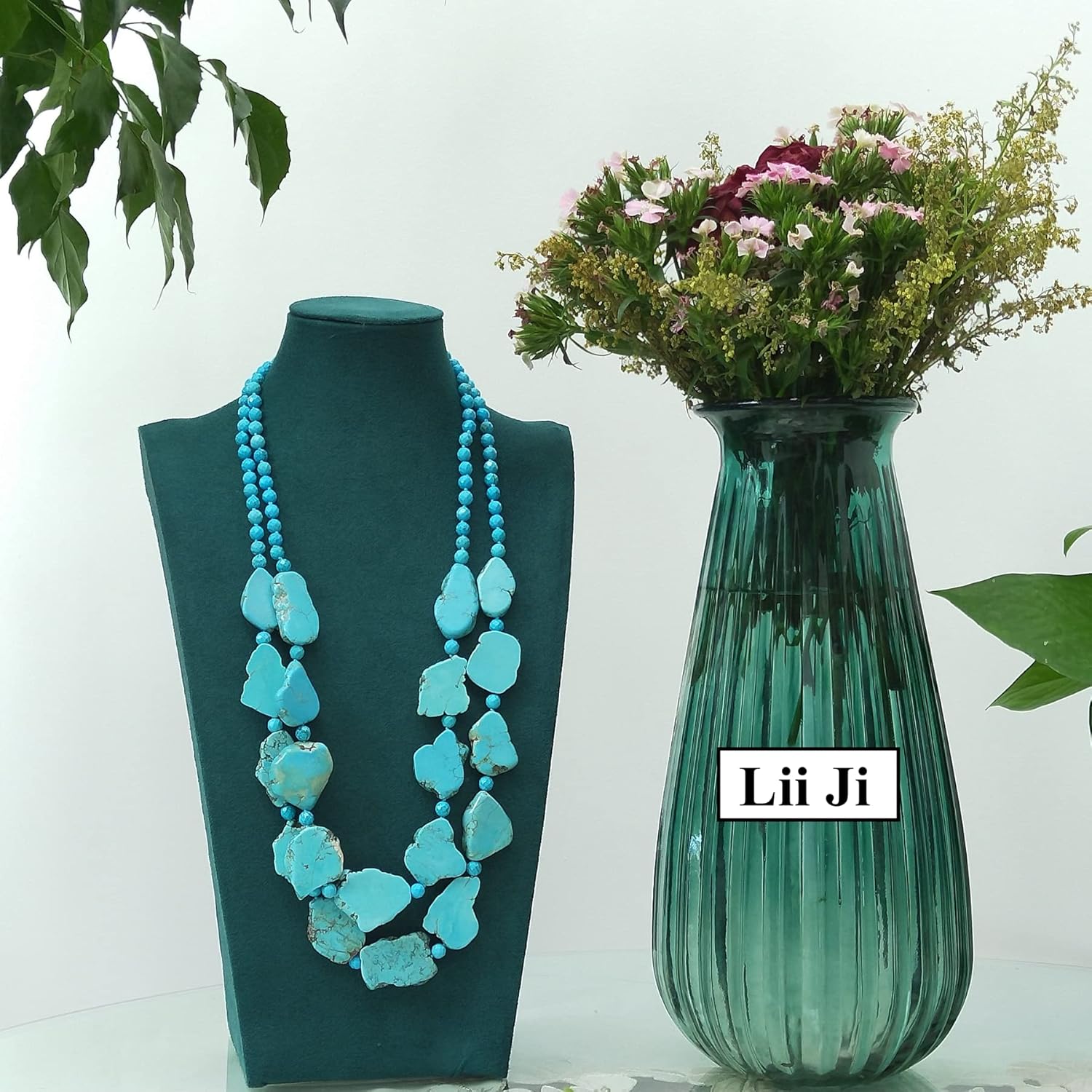 26.5" 2 Rows Irregular Shape Blue Simulated Turquoise Howlite Statement Long Necklace - Image 4