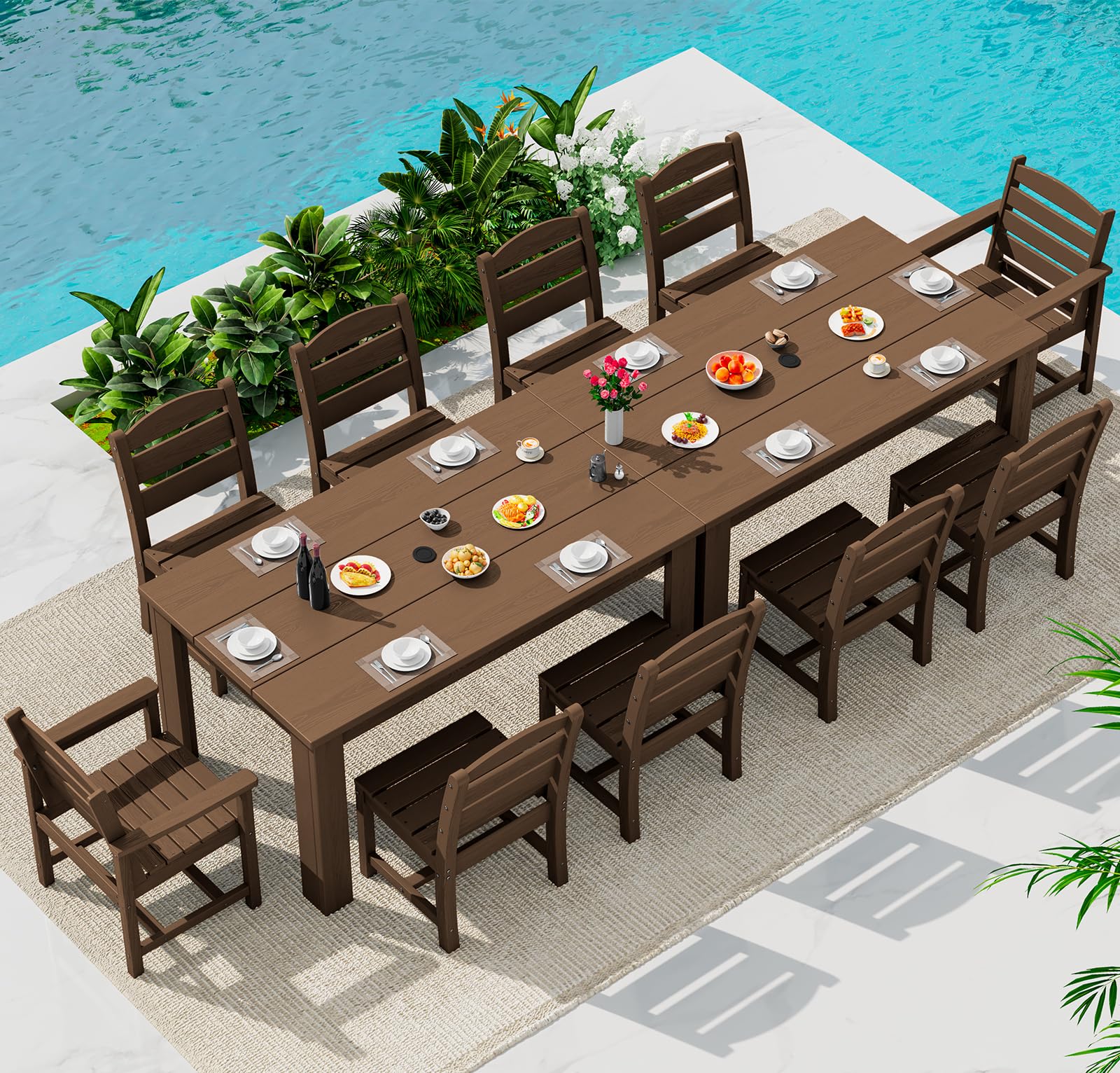 SERWALL 59" HDPE Patio Dining Set for 10, w/ 2 Tables &amp; 10 Chairs, Brown