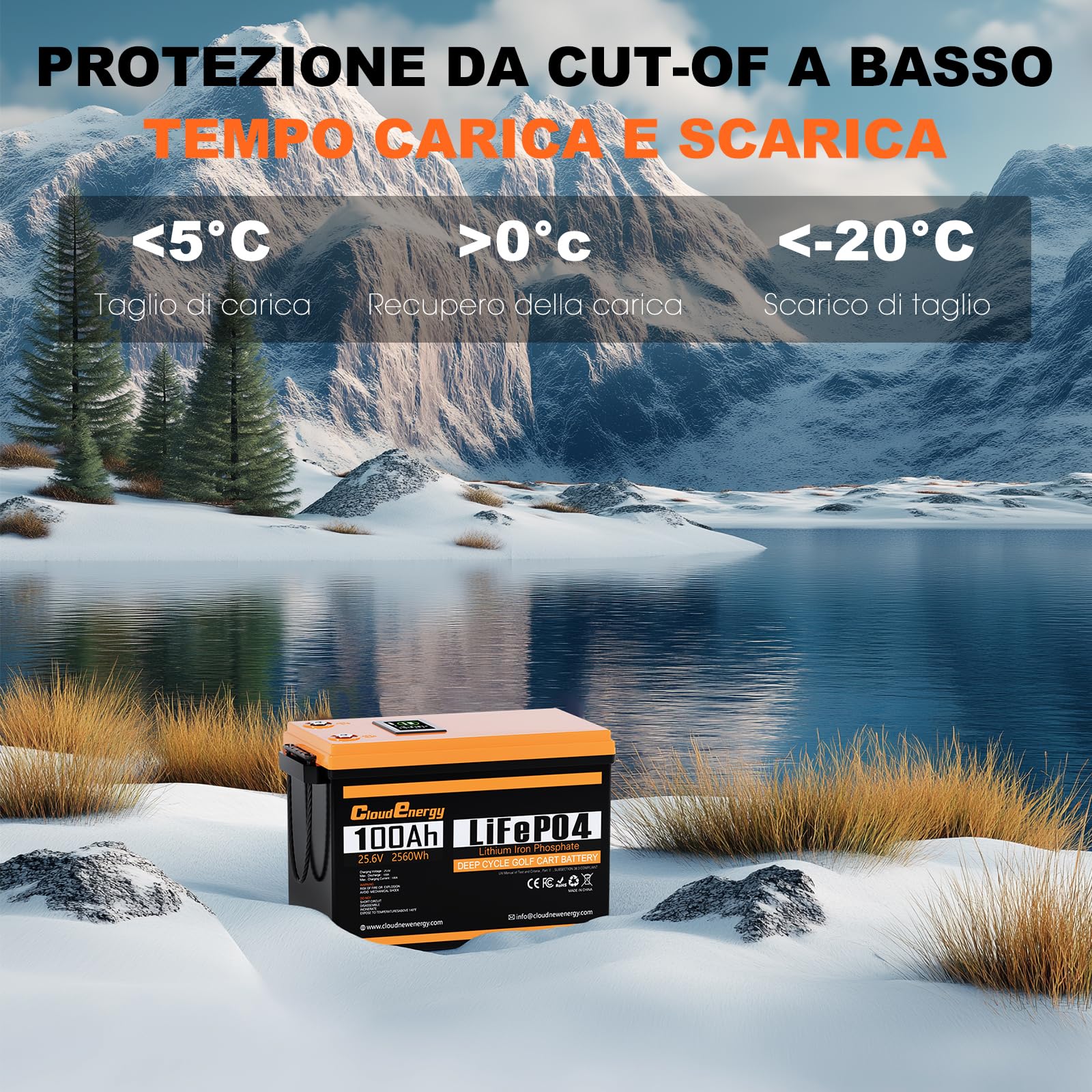 Cloudenergy 25,6 Volt 100Ah LiFePO4 Batteria al litio ferro fosfato con capacità di 2560 Wh, BMS Bluetooth da 100Ah con touchscreen e oltre 6000 cicli per camper, barche e campeggi.