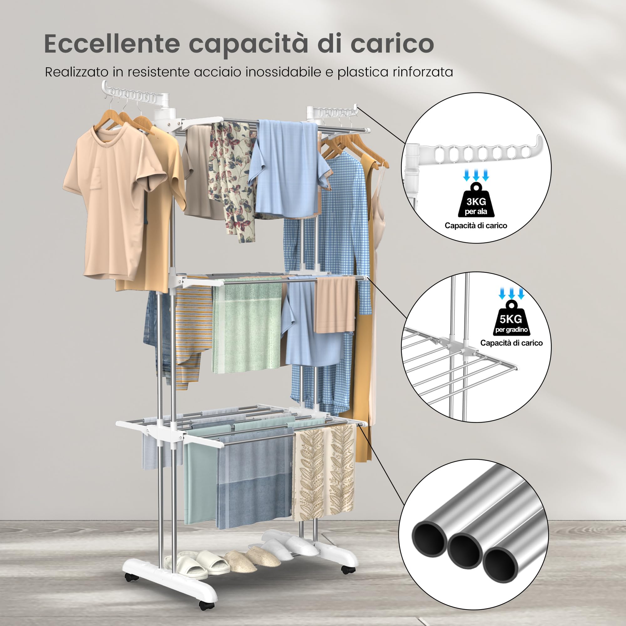 Innotic Stendino 4 Livelli, Stendibiancheria Pieghevole con Ruote e Ali | Stendino Verticale Salvaspazio Capiente, Stendipanni a Torre Allungabile Alto per Balcone Esterno/Interno, Bianco