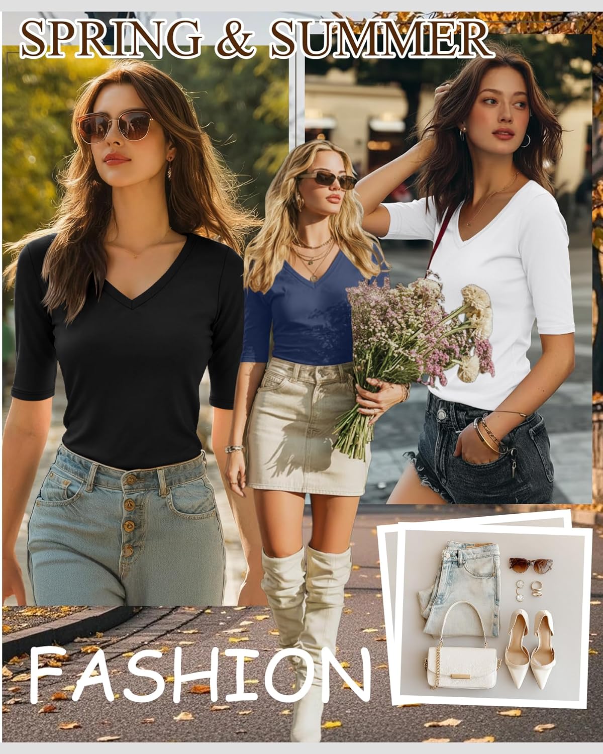 Ficerd 3 Pack Women's Half Sleeve V Neck T Shirts, Mid Elbow Length Sleeve Shirt Slim Fit Tunic Top Casual Summer Tee - Image 3