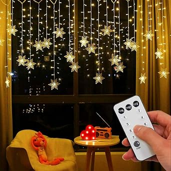 String Lights LED Curtain Light, 96 LED Fairy Hanging String Lights Waterproof Christmas Snowflake Lights with Wireless Control for Outside Indoor Bedroom Party Fence Patio - Warm White