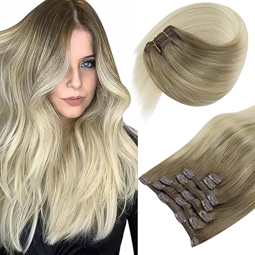 Sunny Hair Clip in Hair Extensions Straight Human Hair Clip in Extensions Remy Clip in Hair Extensions Real Human Hair Extensions Clip ins Light Brown Ombre Platinum Blonde 16inch