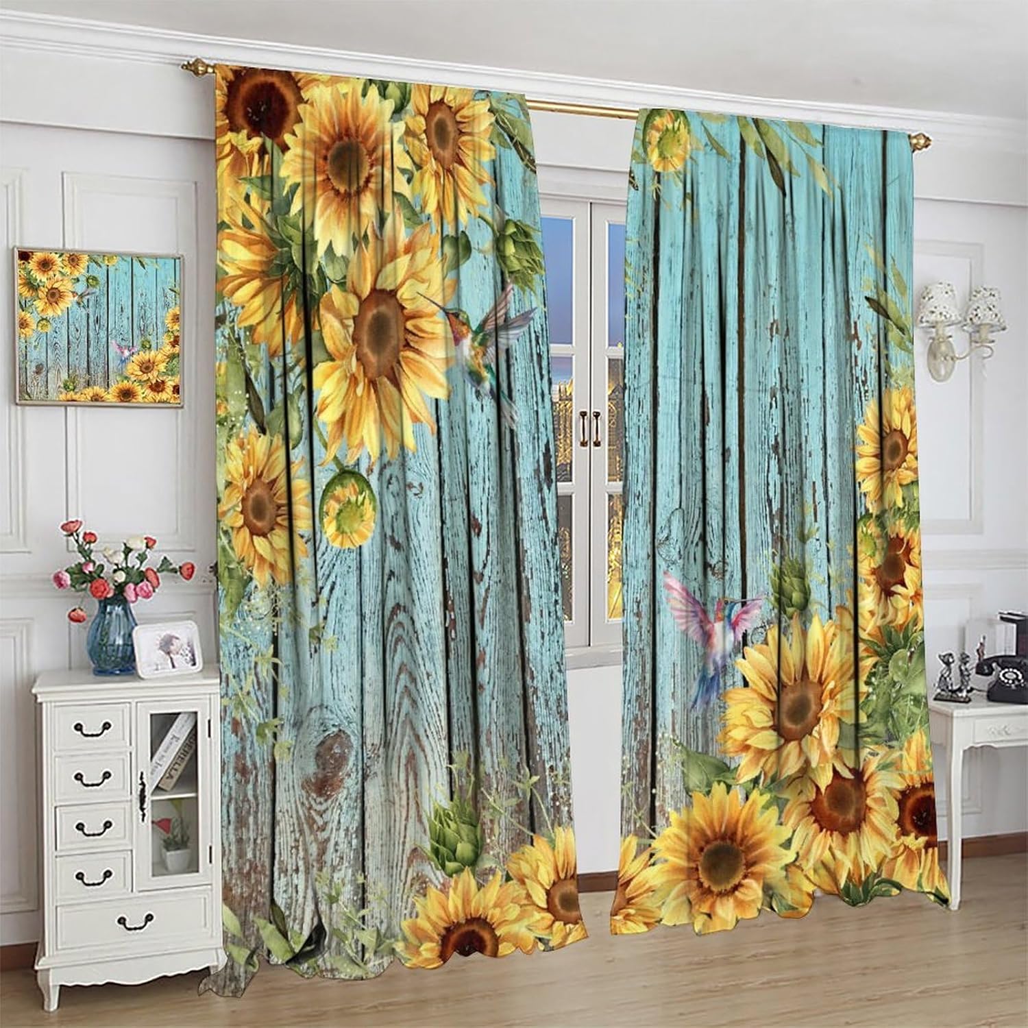Vintage Sunflower Blackout Curtains，Rustic Farmhouse Wooden Yellow Floral Plant Hummingbird Pattern Drapes Window 2 Panel Rod Pocket Curtain for Bedroom Living Room Decor 21" W X 45" L