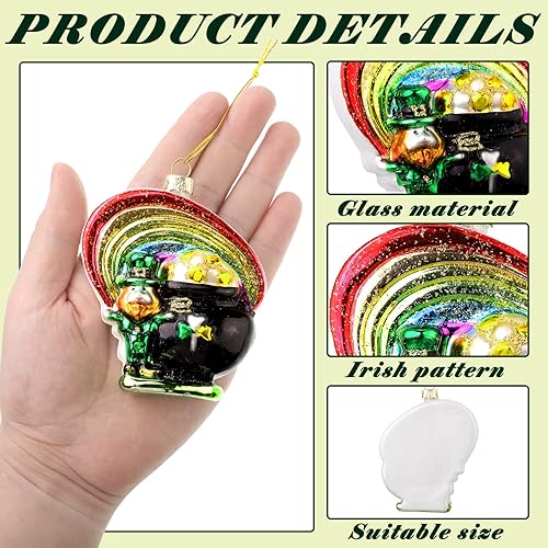 Miniatura 3 de Juego de 4 adornos irlandeses de Navidad de vidrio soplado para árbol de Navidad, juego de adornos colgantes de trébol verde, arco iris, duende,