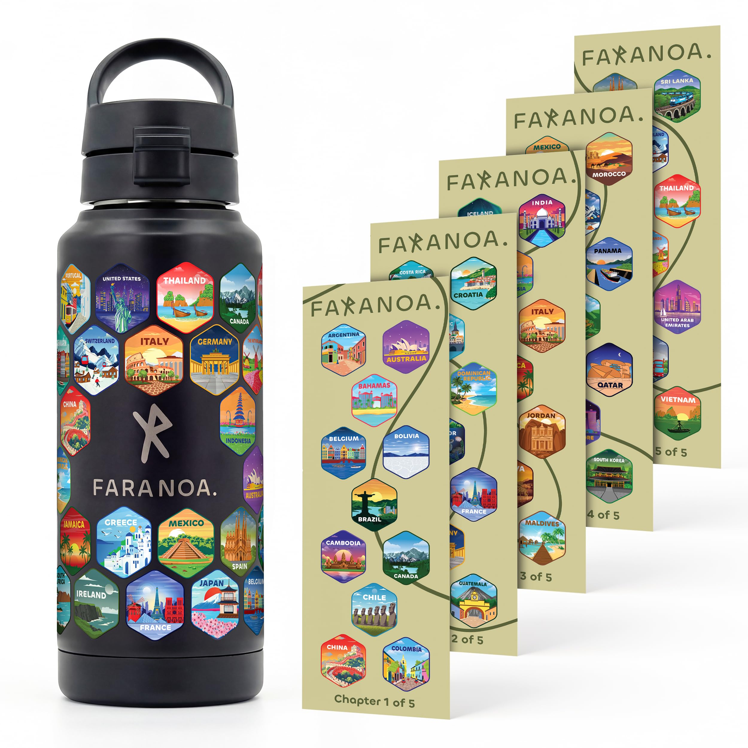 FARANOA Water Bottle with 55 Waterproof Travel Stickers, 32oz | Lockable Lid & Removable Straw | Leak-Proof & BPA-Free | Double-Wall Vacuum Insulated