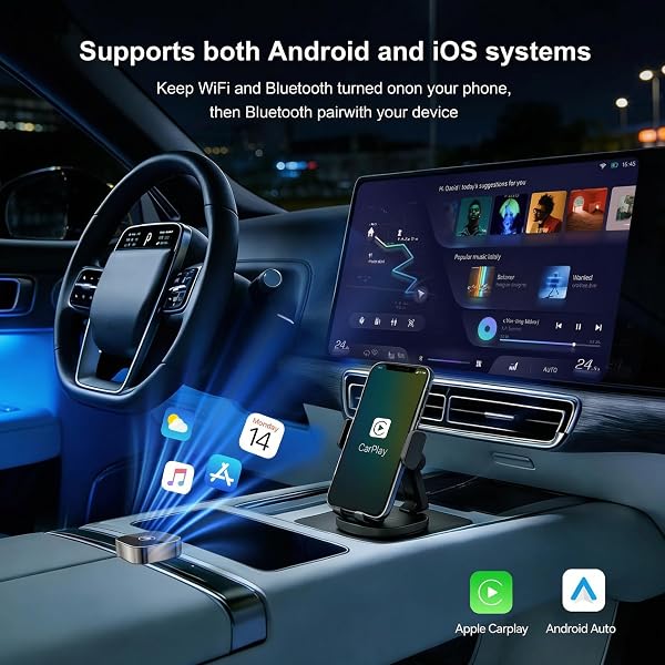 2-in-1 Wireless CarPlay and Android Auto Adapter – Mini Bluetooth Car Adapter for iPhone (iOS 10+) & Android, Includes USB-C and USB Connector, Fast Pairing, No-Delay Connection, 2026 Upgrade – Silver - 4