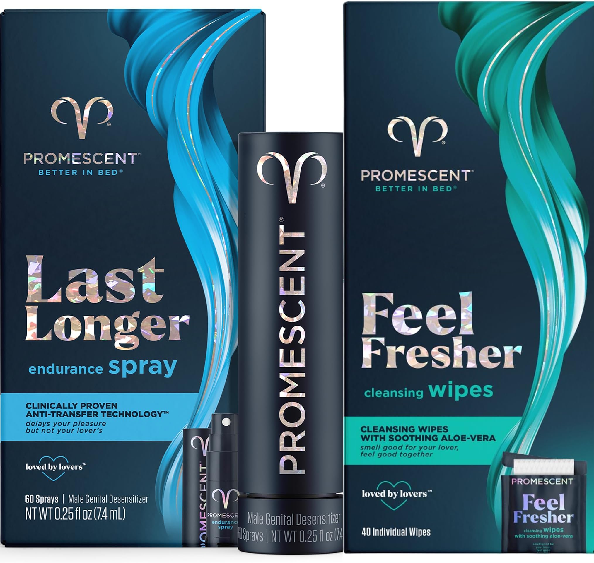 Promescent Desensitizing Delay Spray for Men (7.4ml) + Flushable Wipes for Adults, Personal Cleansing Hygienic Wet Wipes for Men and Feminine Use - Infused with Aloe Vera, Hypoallergenic,