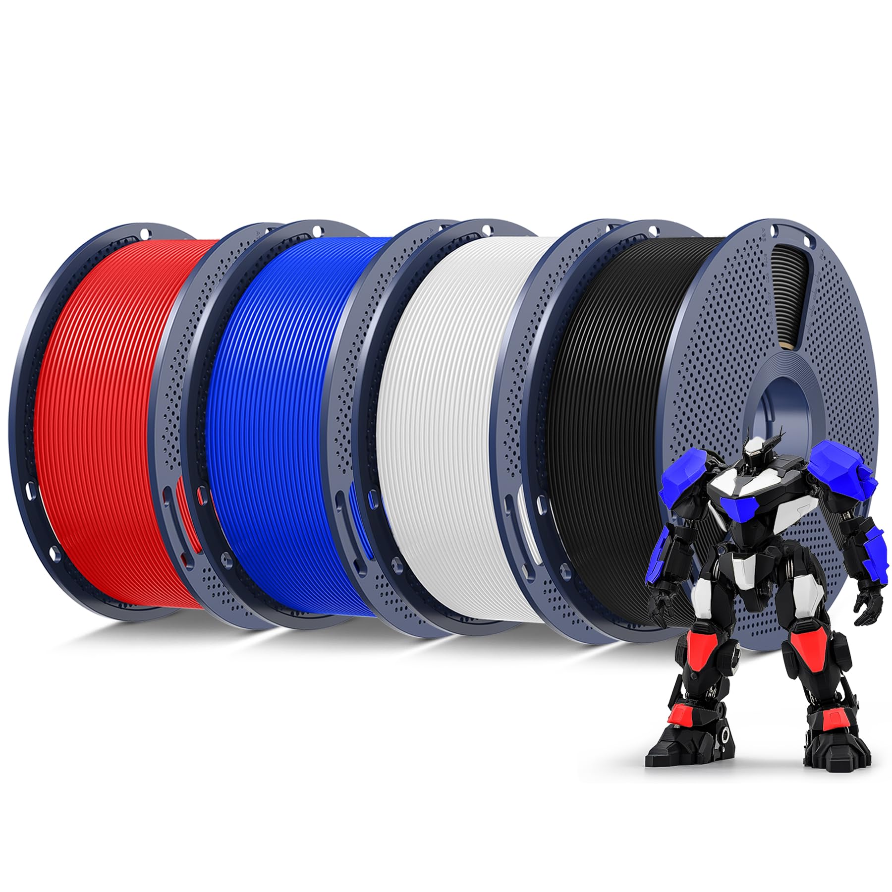 SUNLU PETG Filament 1.75mm 4KG Bundle, weniger Stretching und gute Schichthaftung, individuell Vakuumverpackt, 3D-Drucker Filament 4kg, 1kg pro Spule,4 Farben, Schwarz + Weiß + Rot + Klein Blau