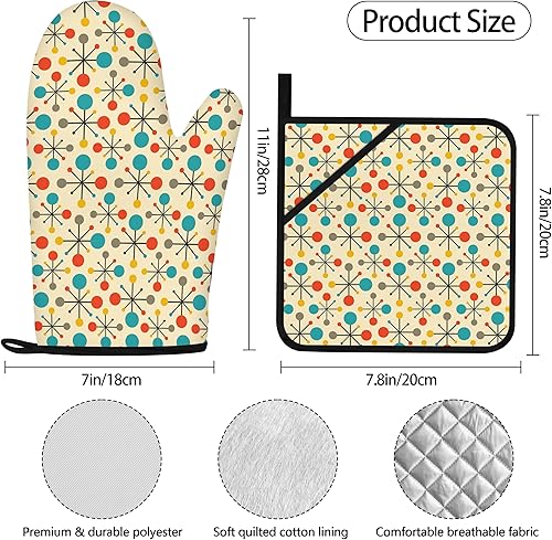 Miniatura 4 de Juego de manoplas de horno y soportes para ollas de mediados de siglo, modernos accesorios de cocina amarillos atómicos, accesorios de cocina retro
