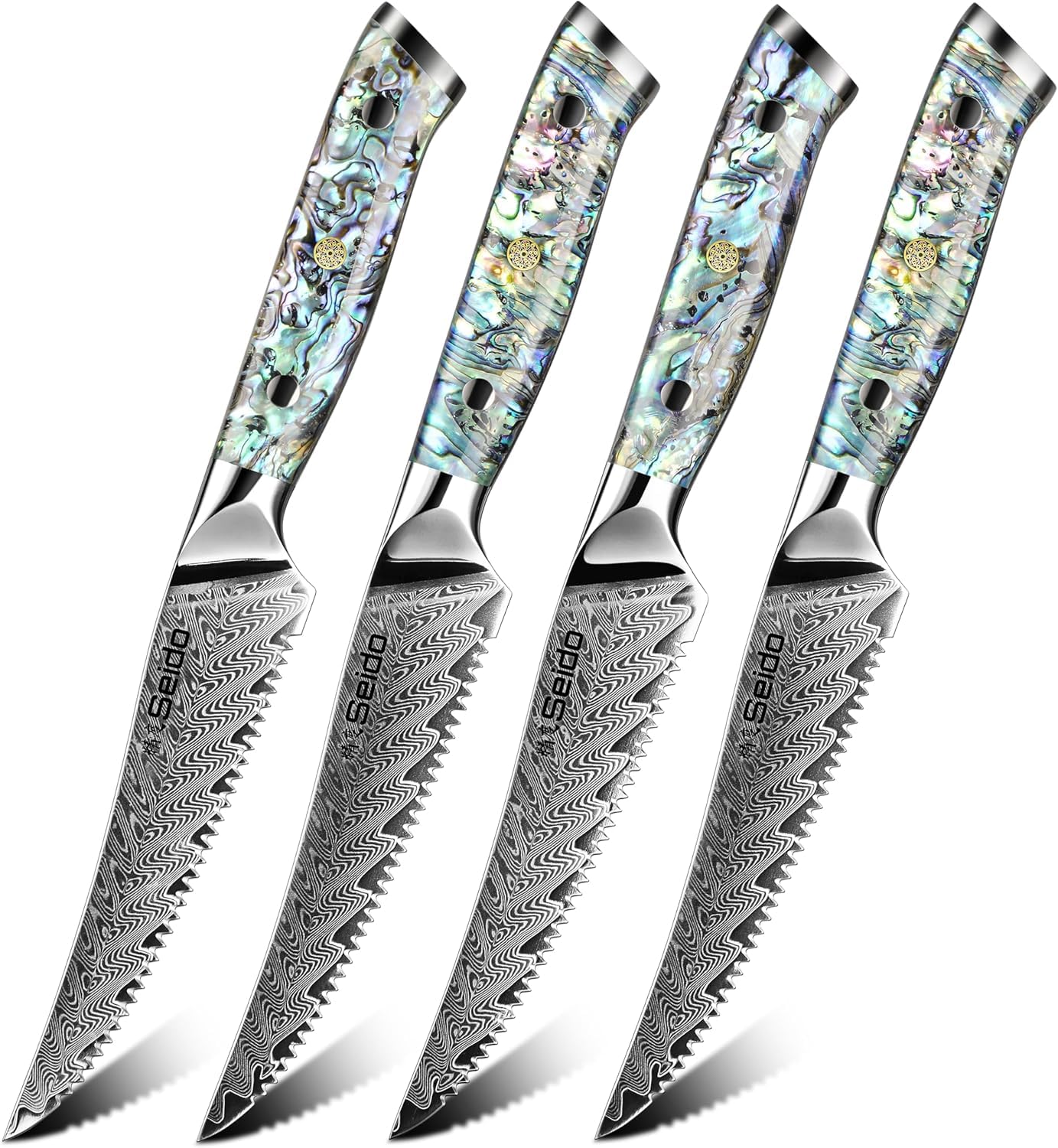 Seido Knives Awabi Serrated Steak Knives Set of 4 – VG-10 Damascus Steel, Abalone Shell Resin Handles, Full-Tang, Gift Boxed, Razor Sharp Table Knives