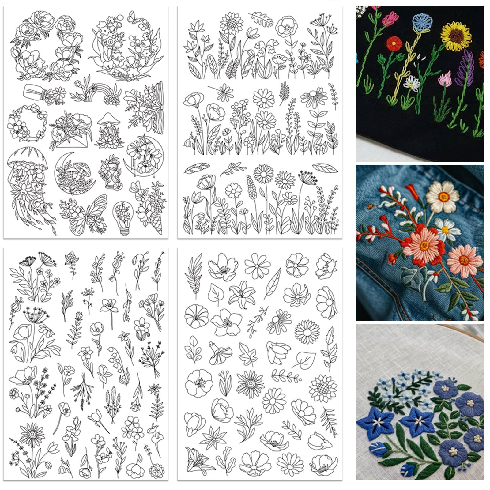 ORIGACH 4 Sheets 105 Pcs Water Soluble Embroidery Patterns Stabilizers - Pre-Printed Floral, Flowering Shrubs & Leaves Designs - Stick & Stitch Embroidery Paper for Hand Sewing Lovers