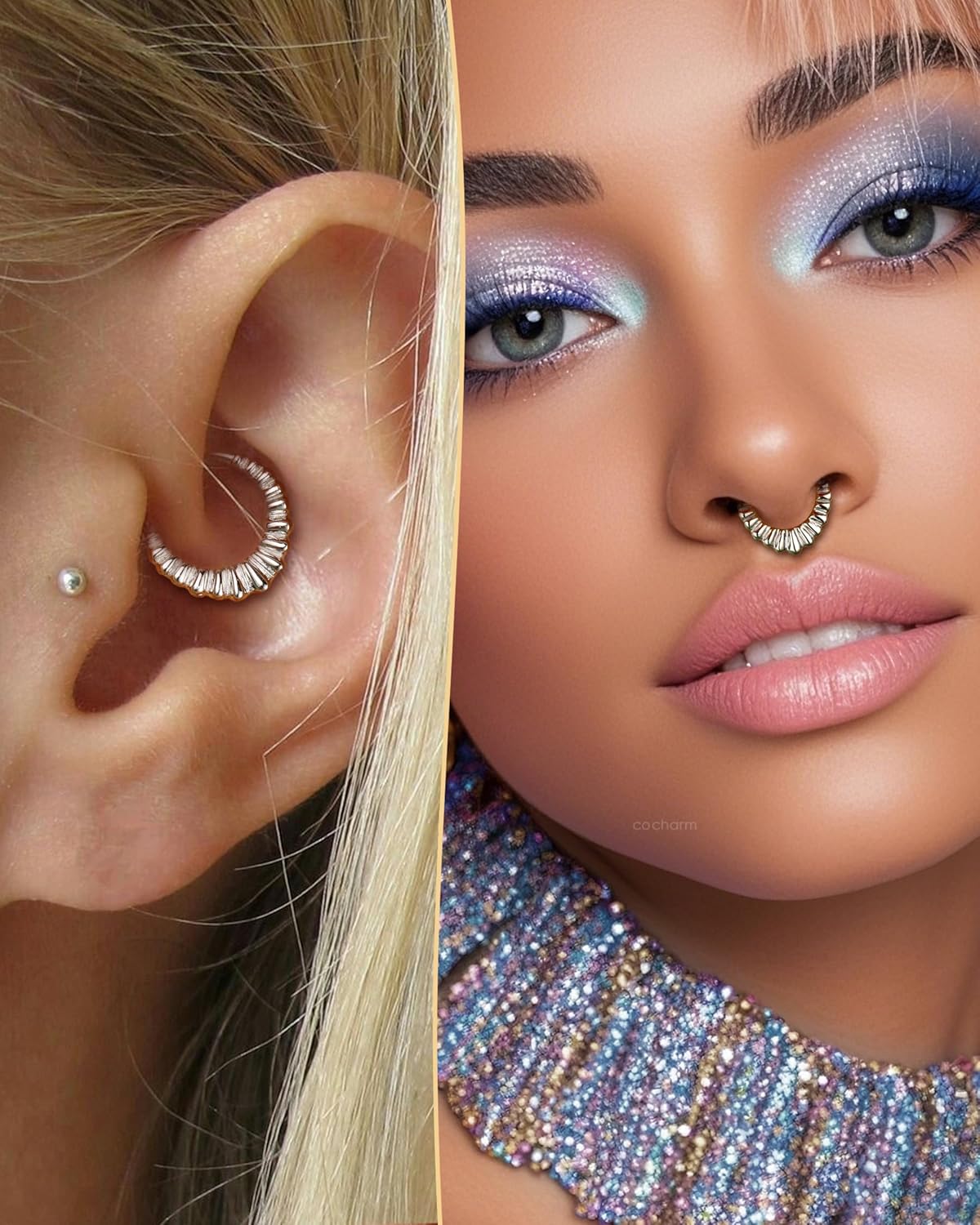 COCHARM V-Shaped Striped Septum Rings,16G Septum Jewelry, Surgical Steel Helix Daith Earrings for Women, Helix Daith Piercing Jewelry - Image 2