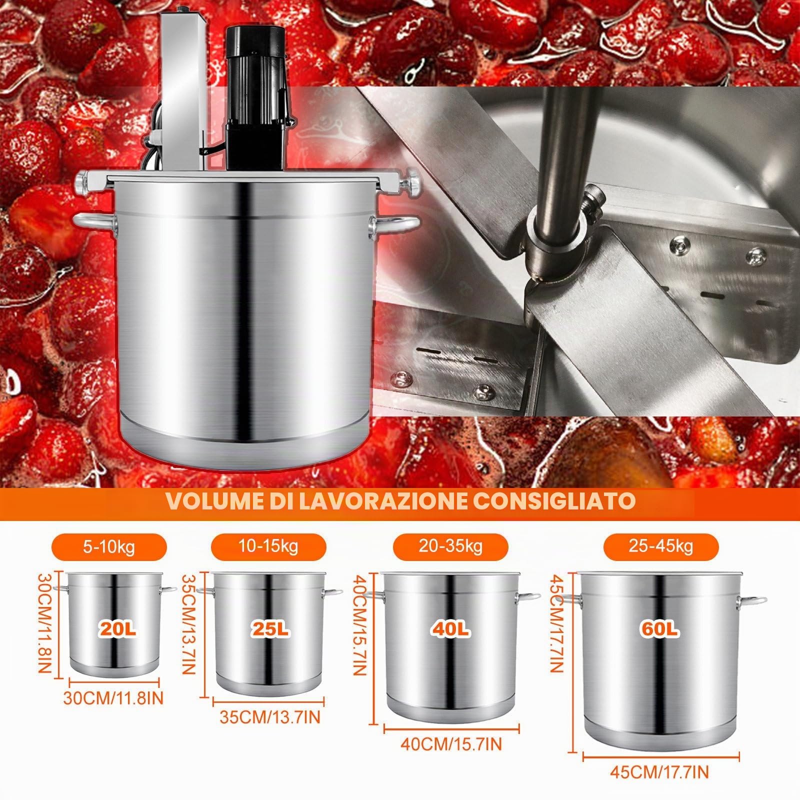 Mescolatore Elettrico Professionale per Marmellate - Macchina Automatica ad Alta capacità (20L/25L/40L/60L) per Salse e Confetture, velocità Regolabile con Raschiatura Fondo,40L
