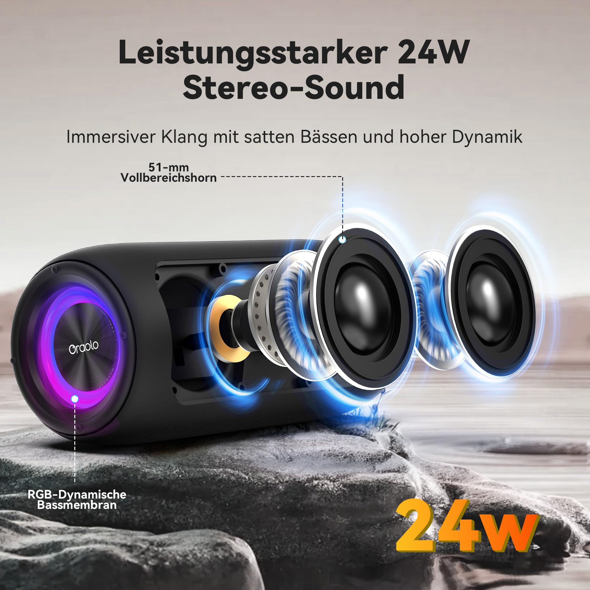 oraolo Cassa Bluetooth Altoparlante Portatile Wireless | Suono Stereo 24W Luci RGB Bluetooth 5.4 Supporto AUX/TF Card Impermeabile IPX6 per Esterno Adatto per Feste