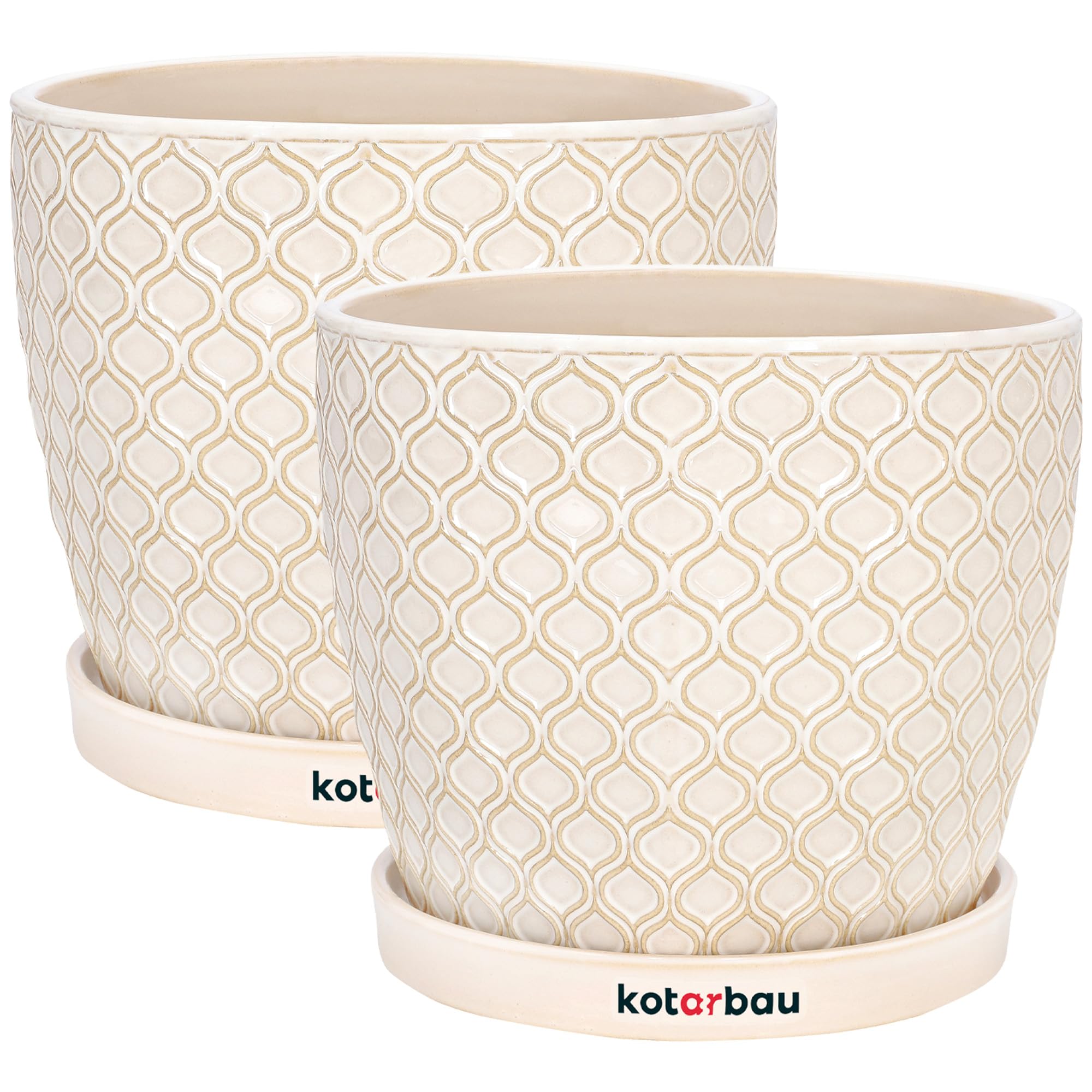 KOTARBAU® - Set da 2 vasi da fiori in ceramica per piante, diametro 17 cm, vintage, con vaschetta antigoccia, motivo squame di pesce, colore crema