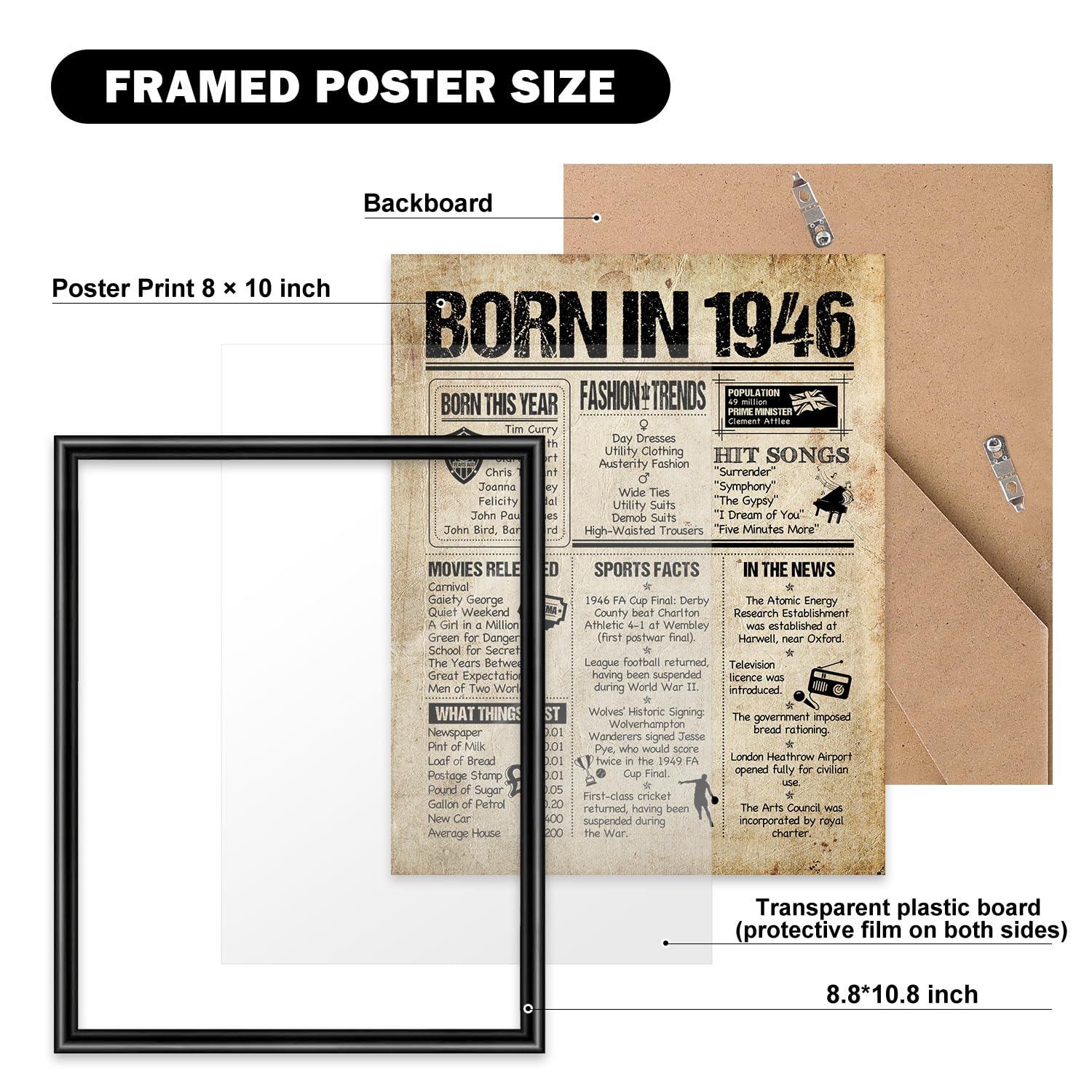 Benjia 1946 Poster Framed UK, Happy 80th Birthday Sign Card Party Decor Supplies Home Decoration Birthday Gift 80 Years Old Wedding Newspaper For Men Women (8x10 inch, Vintage) — view 2
