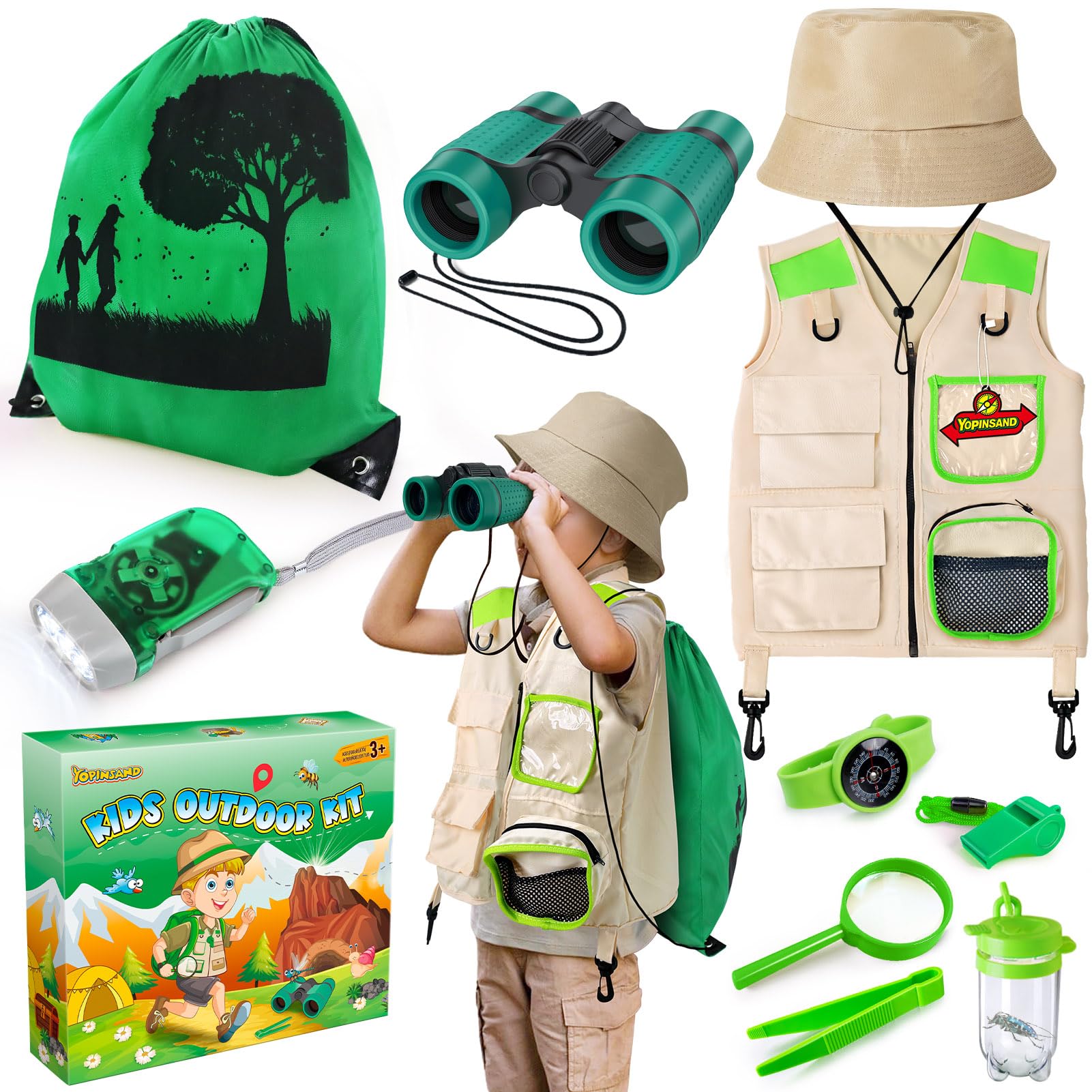 Explorer Costume Kids with Safari Vest & Hat, Kids Explorer Kit & Bug Catcher Kit with Binoculars, Outdoor Exploration Set with Vest & Hat, Ideal Outdoor Camping Adventure Toys for Boys Girls