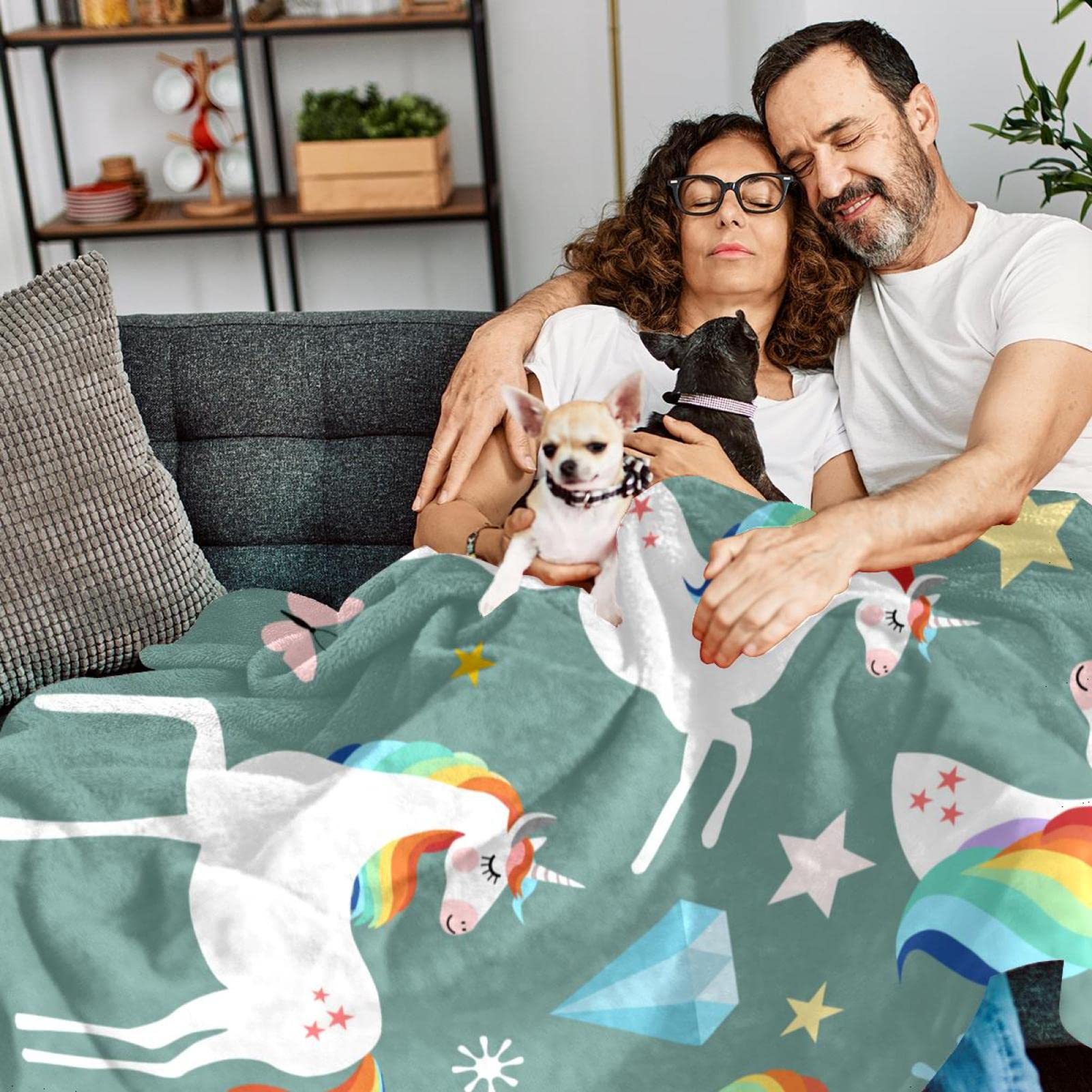 Coperta in pile con motivo a forma di unicorno, per divano o