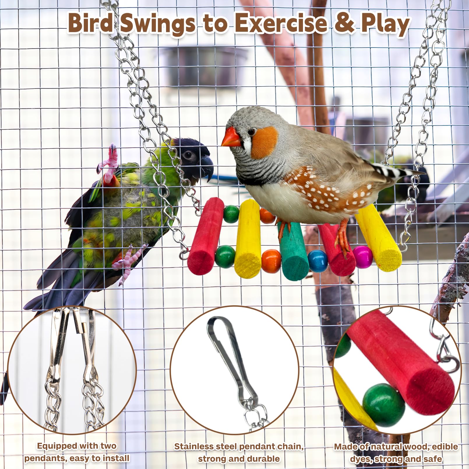 PINVNBY Bird Parakeet Toys, Bird Rope Ladder Swing Hammock Toys, Made of Natural Wood and Rope, Parakeet Cage Accessories for Parrot Budgie Conure Cockatiel (2 PCS) - image 4