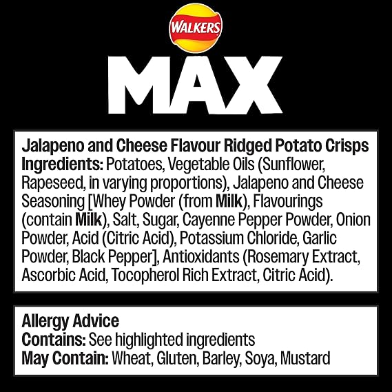 Walkers MAX Jalapeno & Cheese Multipack Crisps 6 x 27g (Pack of 4)