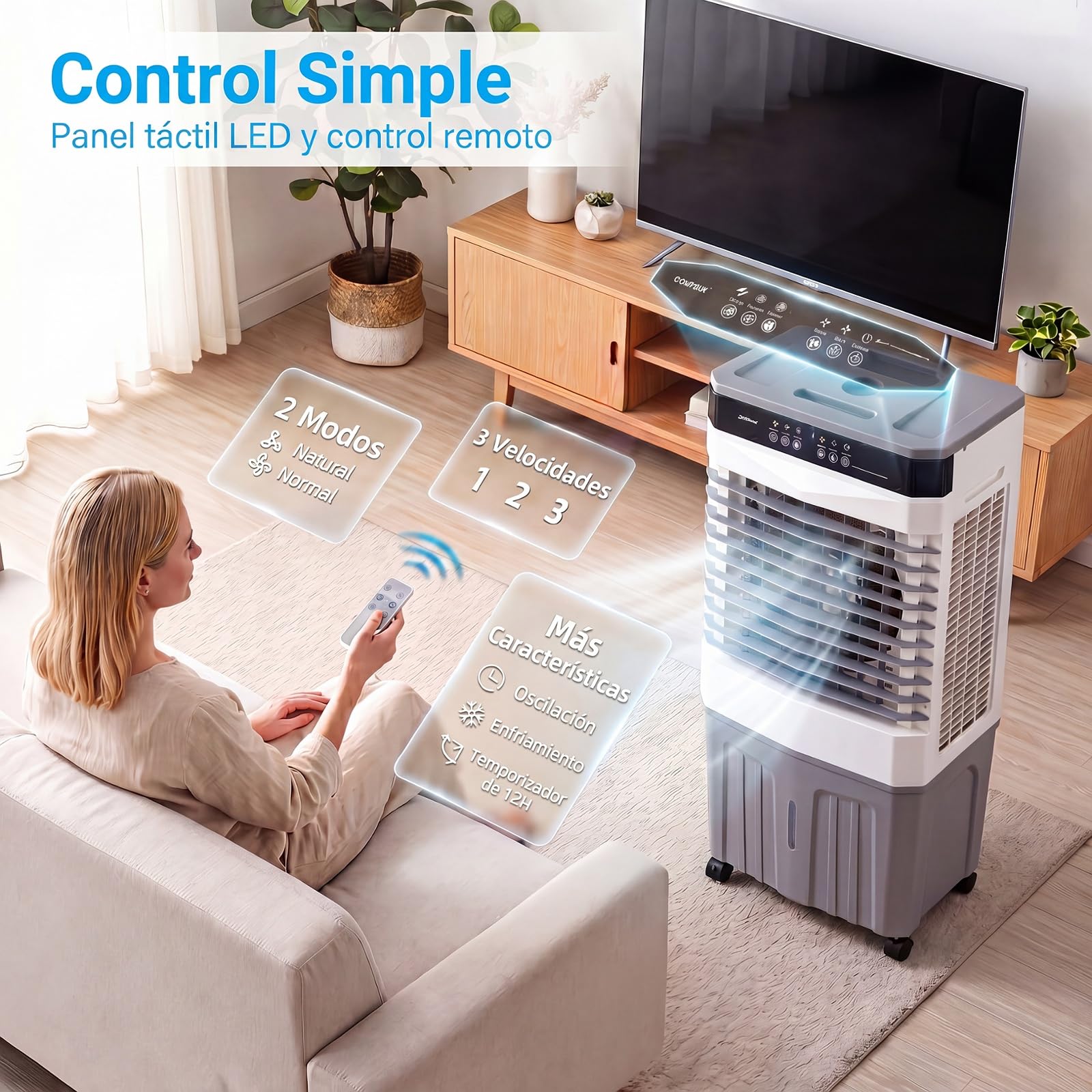 COSTWAY 3 en 1 Climatizador Evaporativo, Enfriador de Aire Portatil con 3 Velocidades, 2 Modos, 12H Temporizador, Ventilador con Ruedas, Oscilación de 70º/90° y Cubetas de Hielo (49 x 31 x 109 cm)