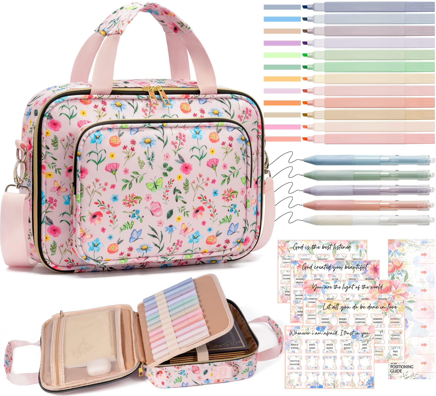 Bible Cover Case for Women, Large Bible Bag w/Study Supplies Journaling Kit | Pink Bible Carrying Case w/Strap & Bible Accessories Kit Highlighters 75