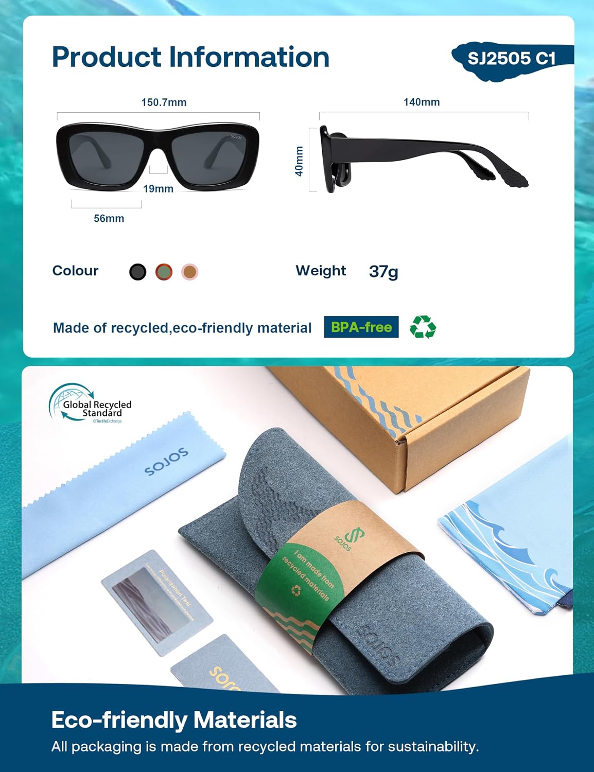 SOJOS Ocean Collection Sunglasses Womens Trendy Polarized Square,Eco-Friendly Recycled Sun Glasses,Rectangle Shades,Moonbeam