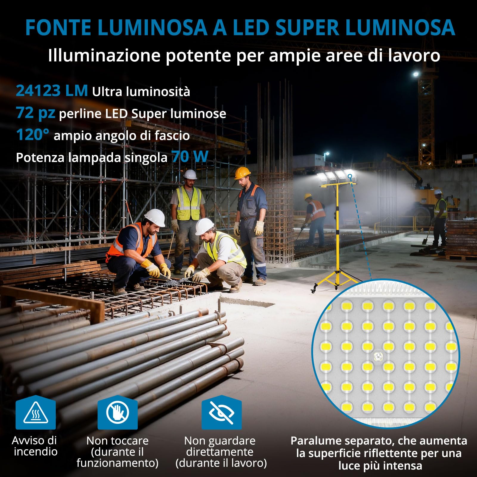 AUTOUTLET Faretto da Cantiere con Treppiede Allungabile e Ruote,4×70W 24123LM Faro Led da Esterno con Interruttore e Cavo di Alimentazione da 5 M,IP66 Impermeabile,per Garage Officina Campeggio