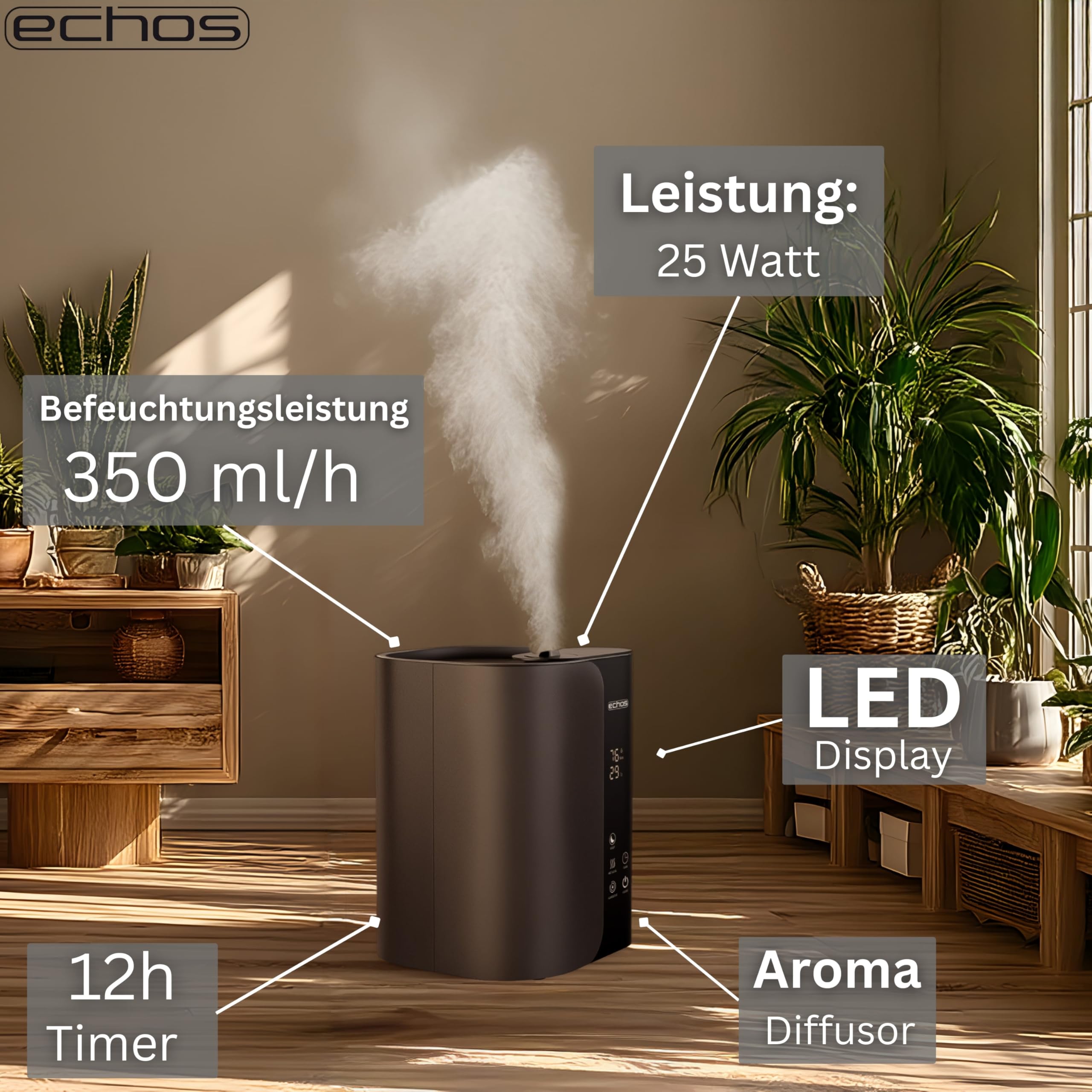 Steinborg - Umidificatore ad ultrasuoni, 5 litri, con nebulizzatore ad ultrasuoni, con telecomando, purificatore d'aria, igrometro, touch screen LED, ultra silenzioso, potente, 350 ml/h, scomparto di