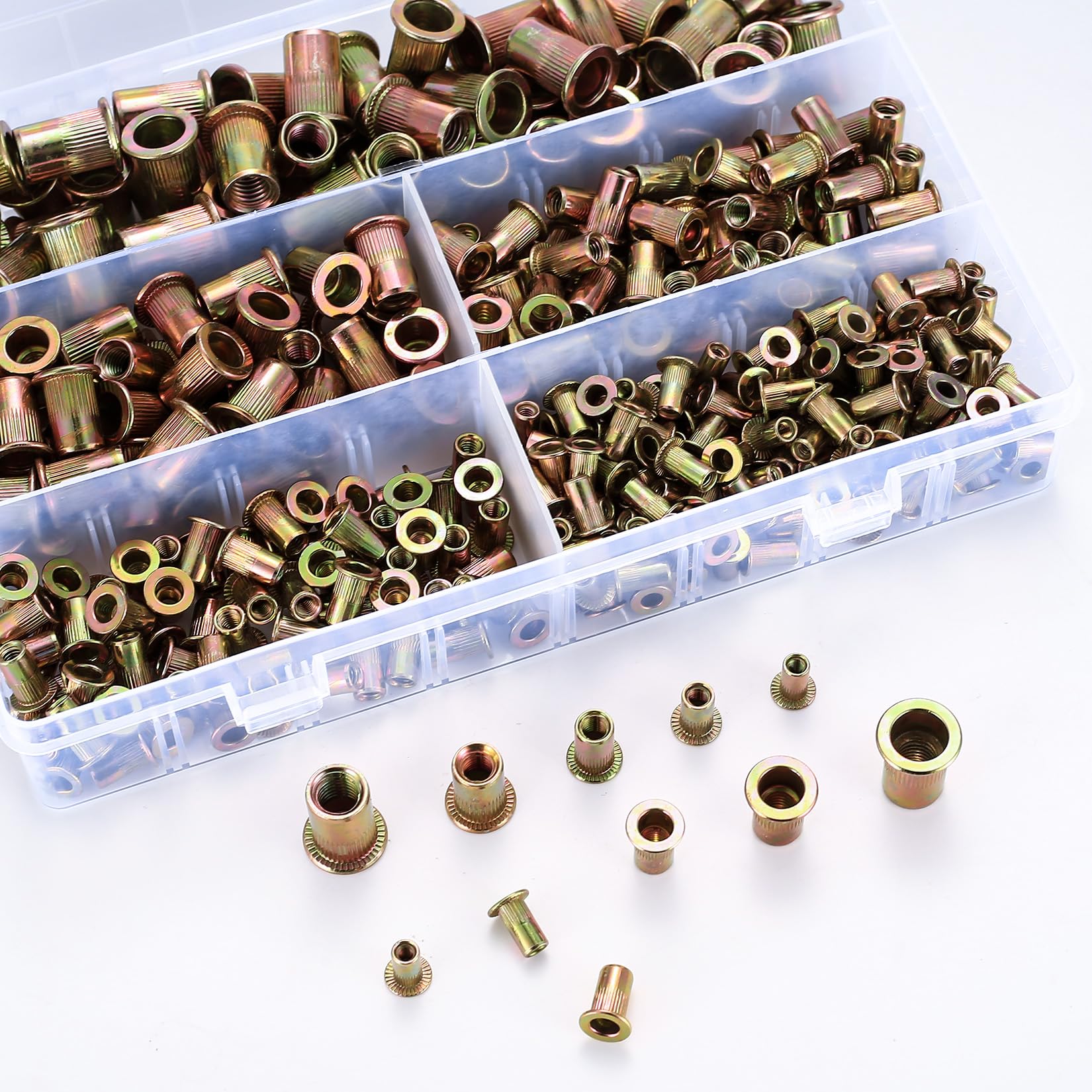 Juego de 400 tuercas de remache de cabeza plana, insertos de tuerca, juego surtido, acero al carbono, remaches SAE UNC, tuercas 5#, 8-32, 10-24, 1/4-20, 5/16-18