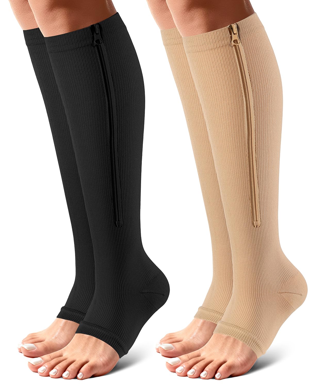 OUIVIAL Zipper Compression Socks Open Toe 15-20mmHg for Women&Men 2 Pairs Knee High Support Socks for Running Cycling