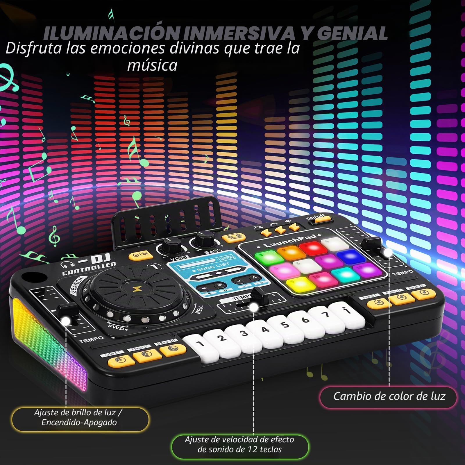 Mesa de Mezclas DJ Infantil con Teclado Piano - Kit DJ Niños con Bluetooth, Micro y Altavoz - Piano para Niños, Instrumentos Musicales Infantiles con 12 Pistas MIDI - Regalo Niña y Niño 3 Años