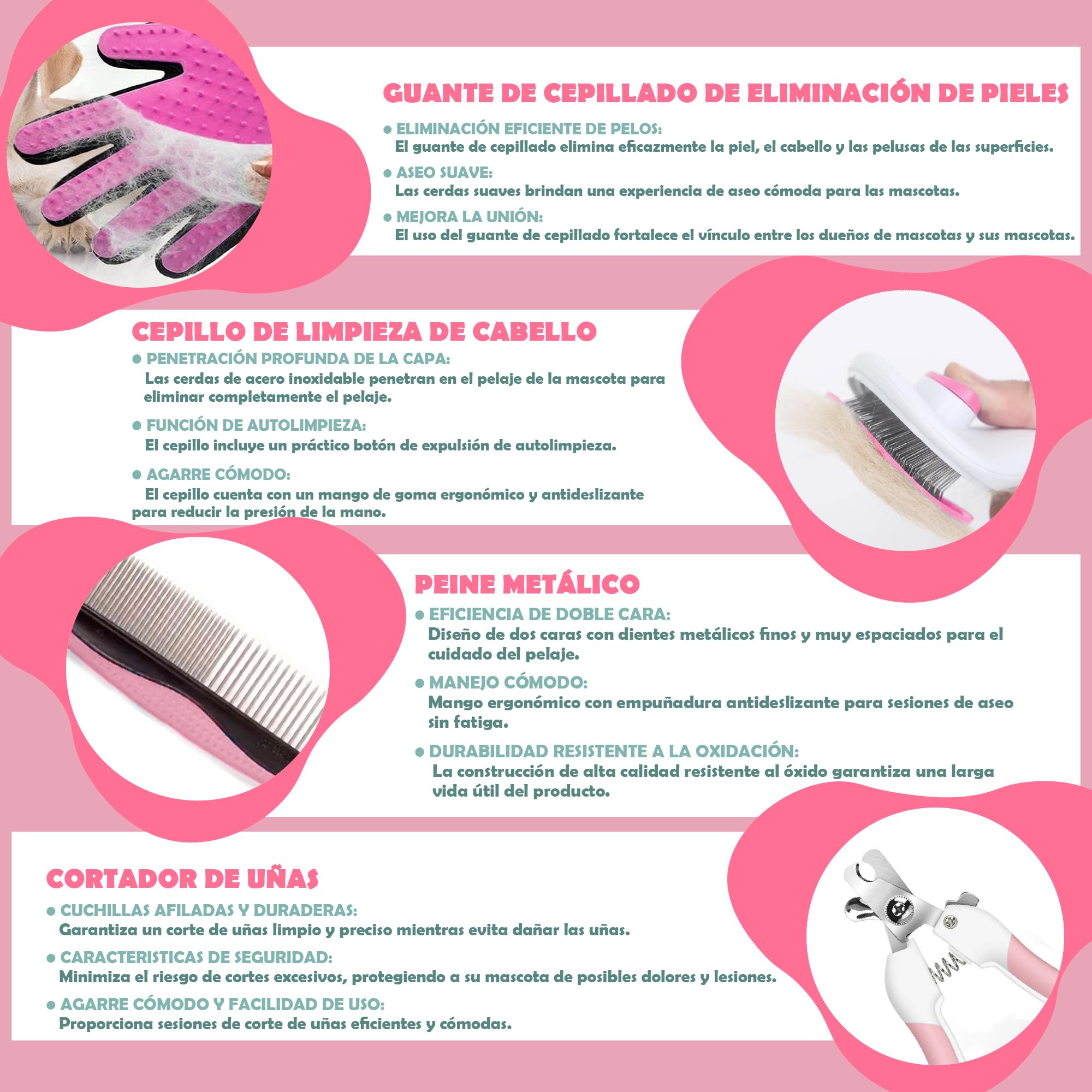 Kit de Aseo para Mascotas 9 Piezas Rosa – Cepillo Gato Pelo Corto, Deslanador Perros, Guante Quitapelos, Limpia Patas, Cortaúñas Gato, Peine y Cepillo Dental